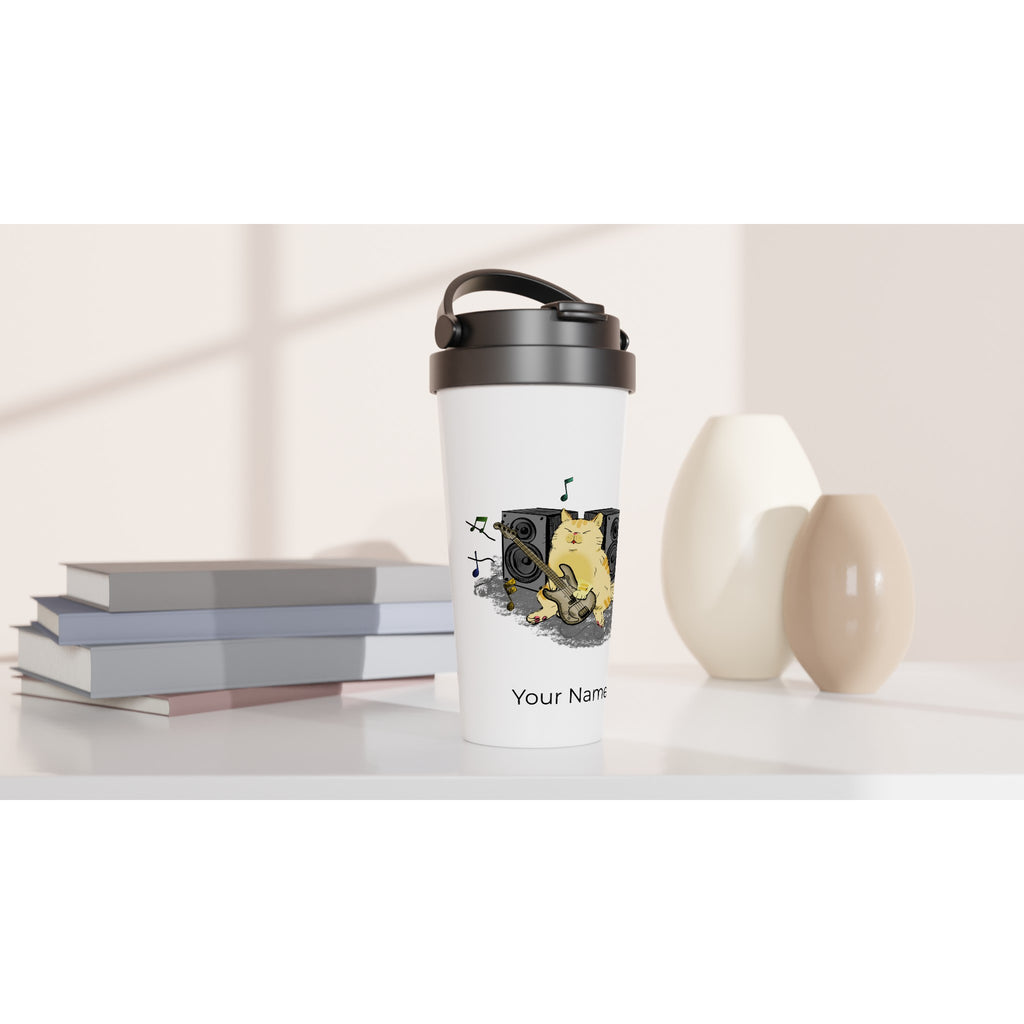Personalised - Cat Bass Player - White 15oz Stainless Steel Travel Mug Personalised Travel Mug animal Customise Globally Fulfilled Music Personalise