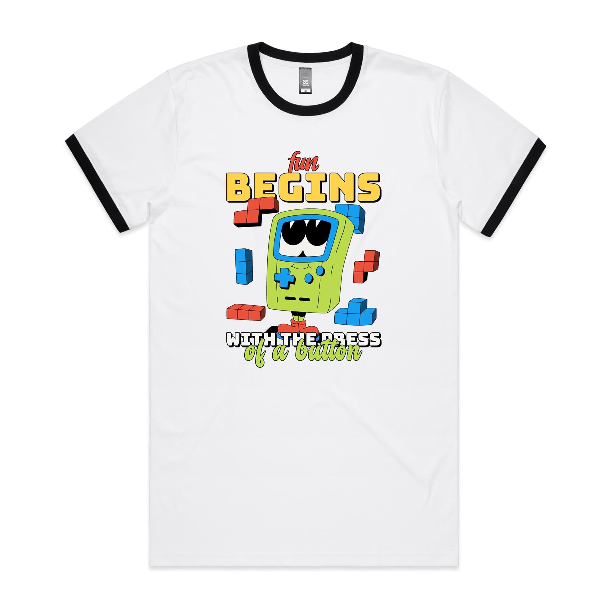 Fun Begins With The Press Of A Button, Game Console - Staple Ringer Tee White Black Ringer T-Shirt Games Printed In Australia