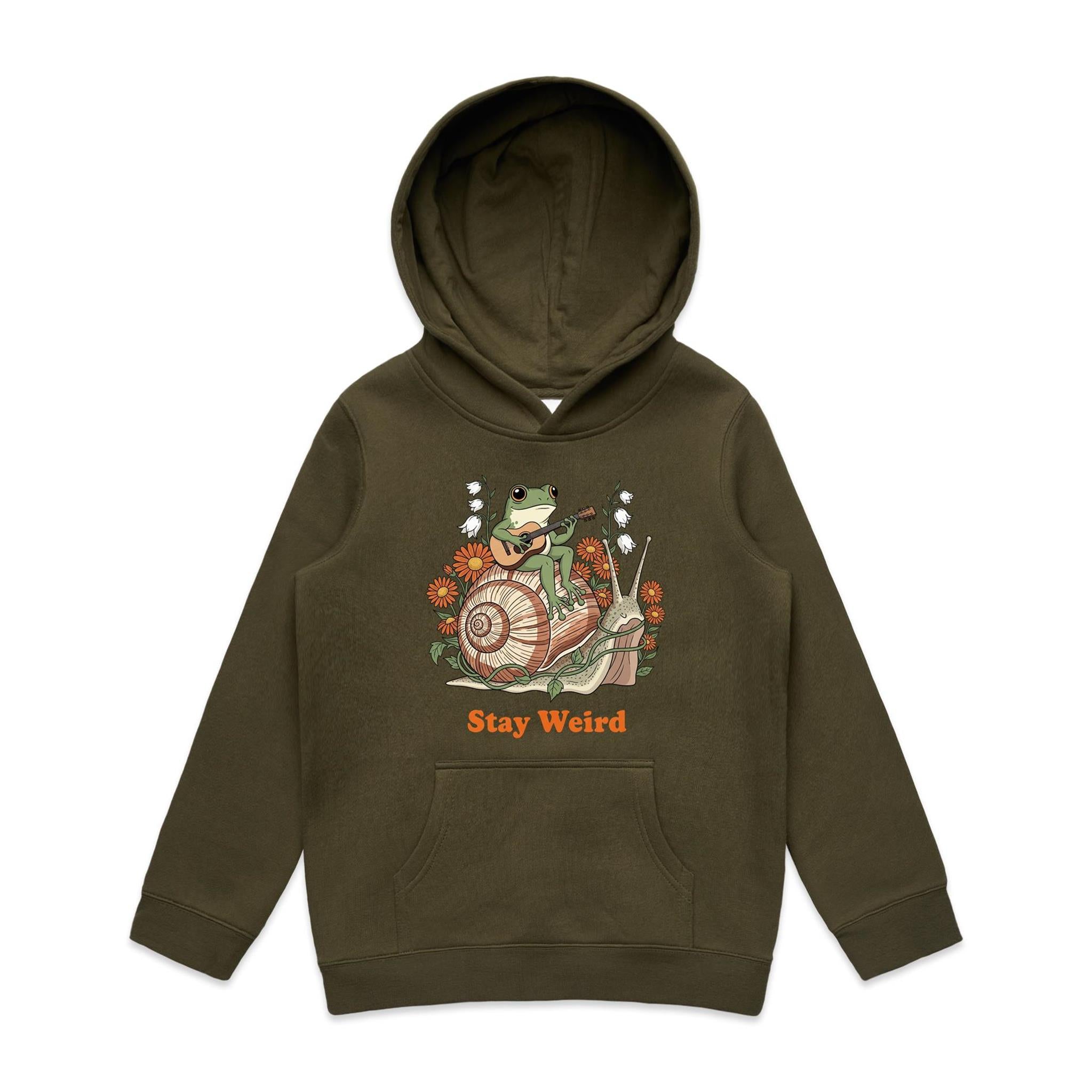 Stay Weird, Guitar Playing Frog On A Snail - Kids Hoodie