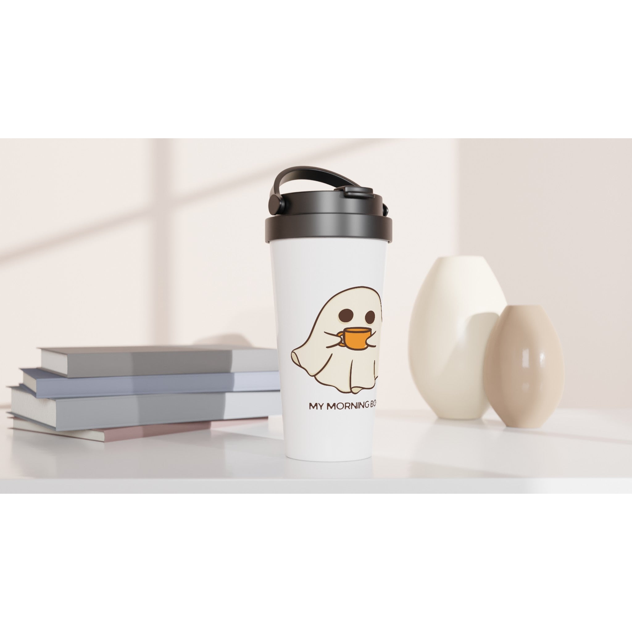 My Morning Boo, Ghost Coffee - White 15oz Stainless Steel Travel Mug Travel Mug Coffee Globally Fulfilled Sci Fi