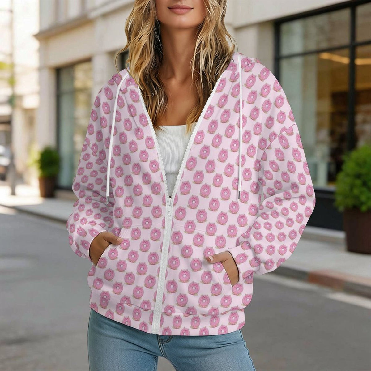Pink Cat Doughnuts Women's Full-Zip Hoodie
