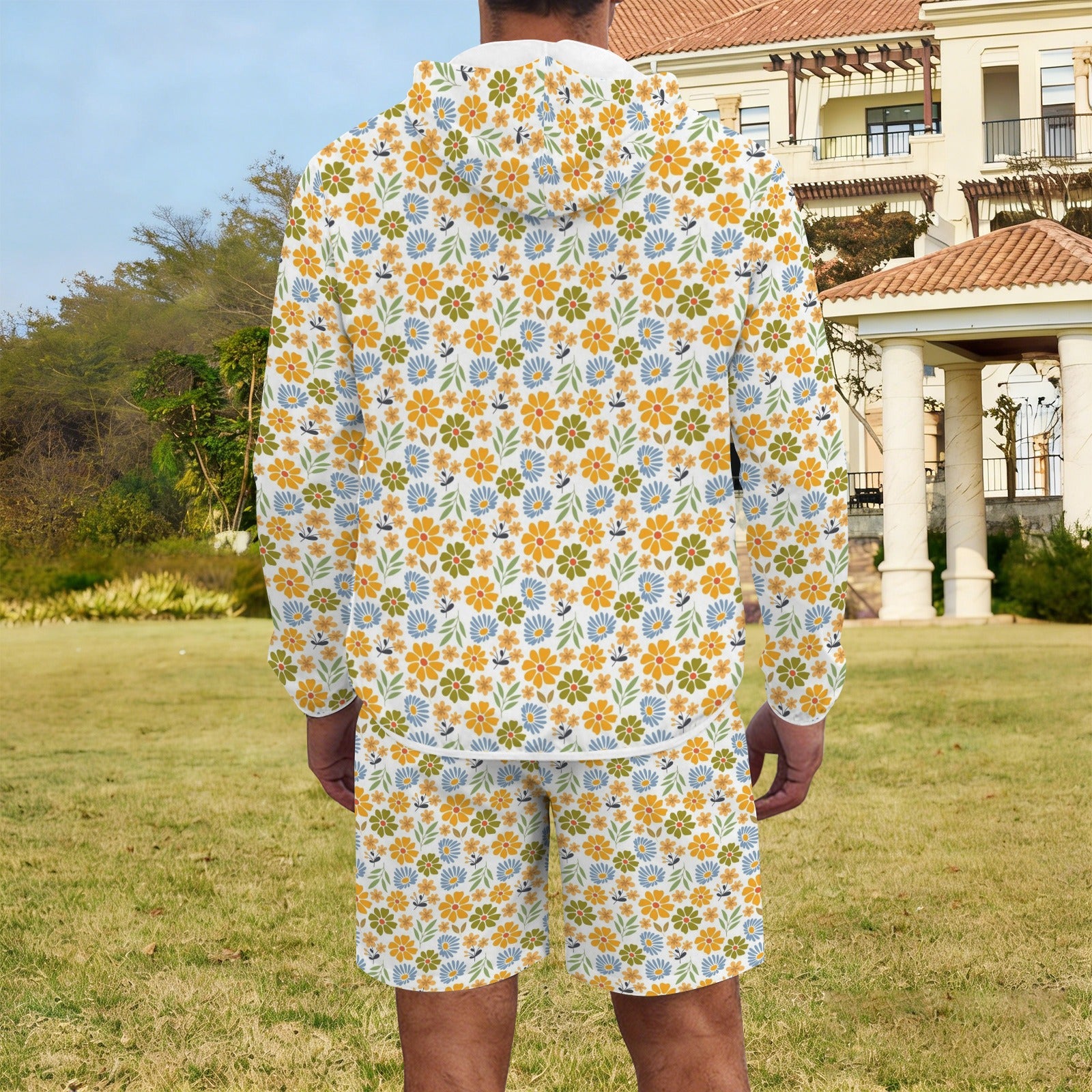 Retro Boho Flower Men's Lightweight Sun Hoodie & Shorts Set Men's Lightweight Sun Hoodie & Shorts Plants Printed Offshore