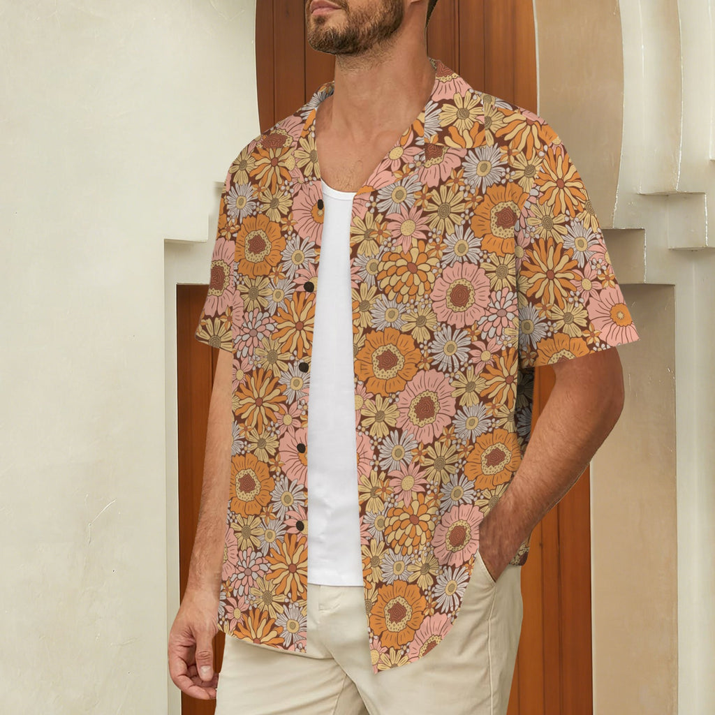 Orange Retro Floral Men's Hawaiian Shirt