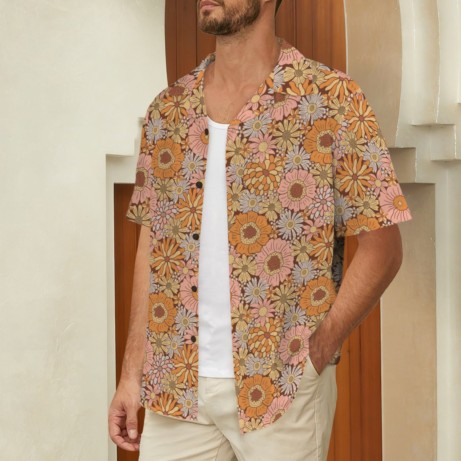 Orange Retro Floral Men's Hawaiian Shirt