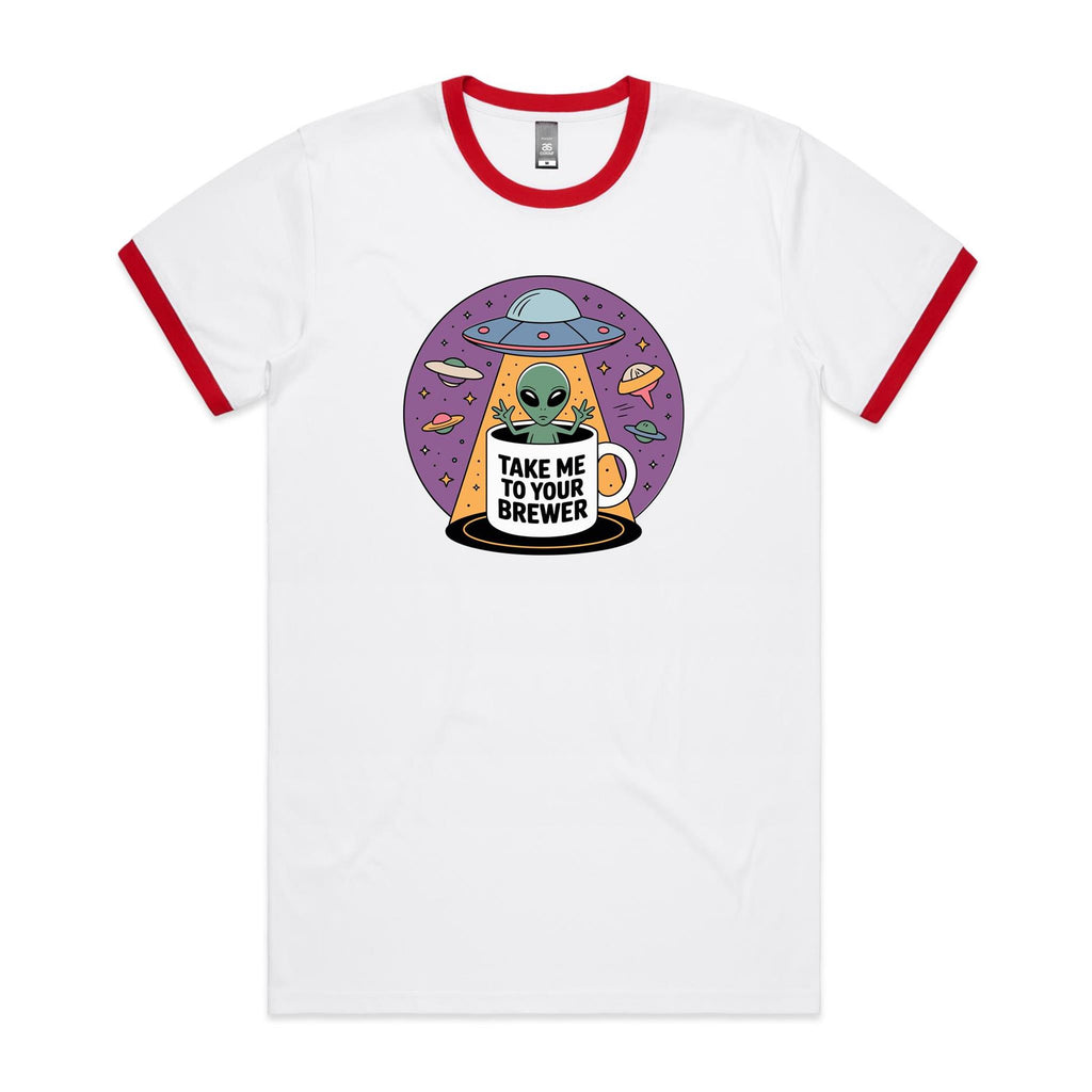 Coffee, Alien, UFO, Take Me To Your Brewer AS Colour Staple Ringer Tee White Red Ringer T-Shirt Coffee Printed In Australia Sci Fi