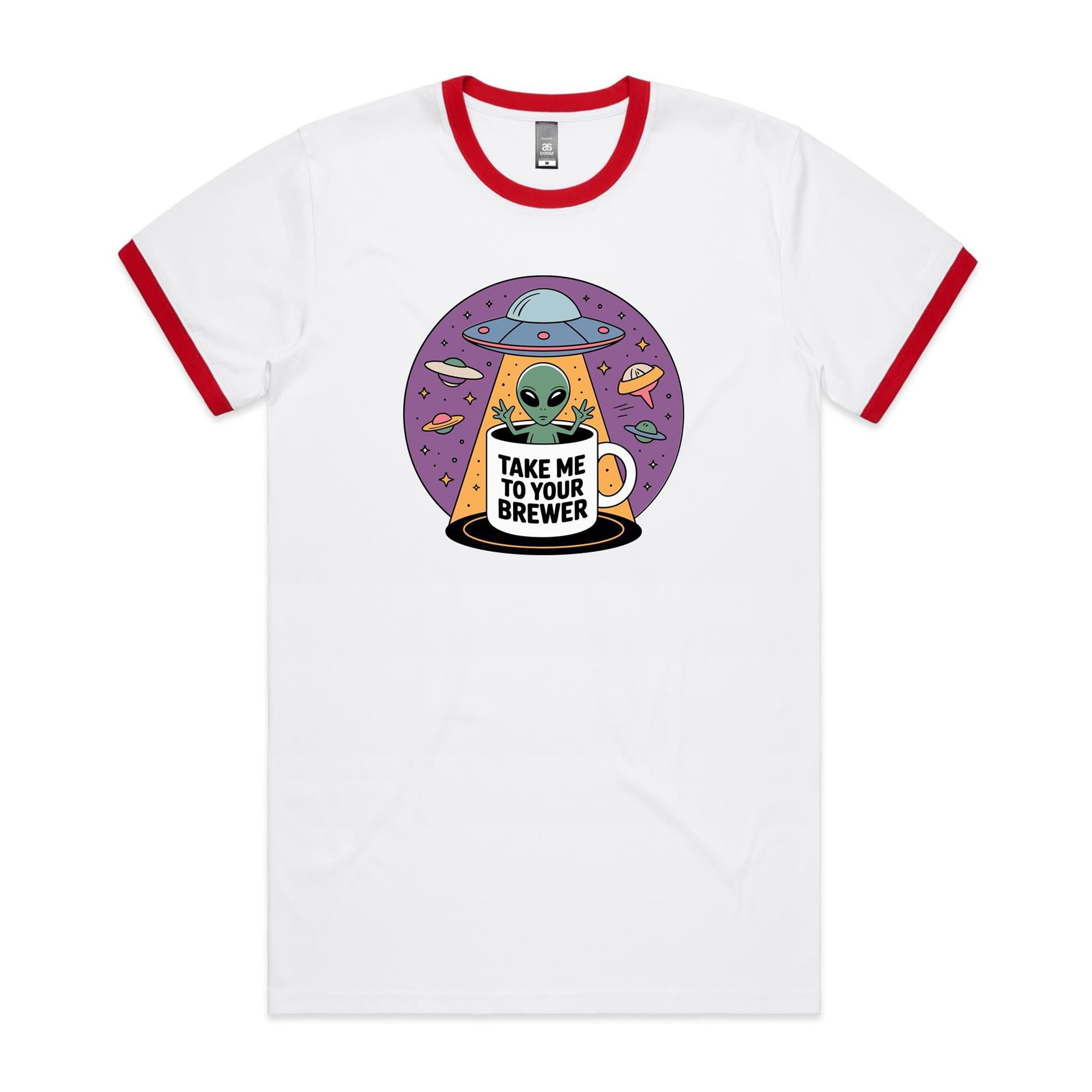 Coffee, Alien, UFO, Take Me To Your Brewer AS Colour Staple Ringer Tee White Red Ringer T-Shirt Coffee Printed In Australia Sci Fi