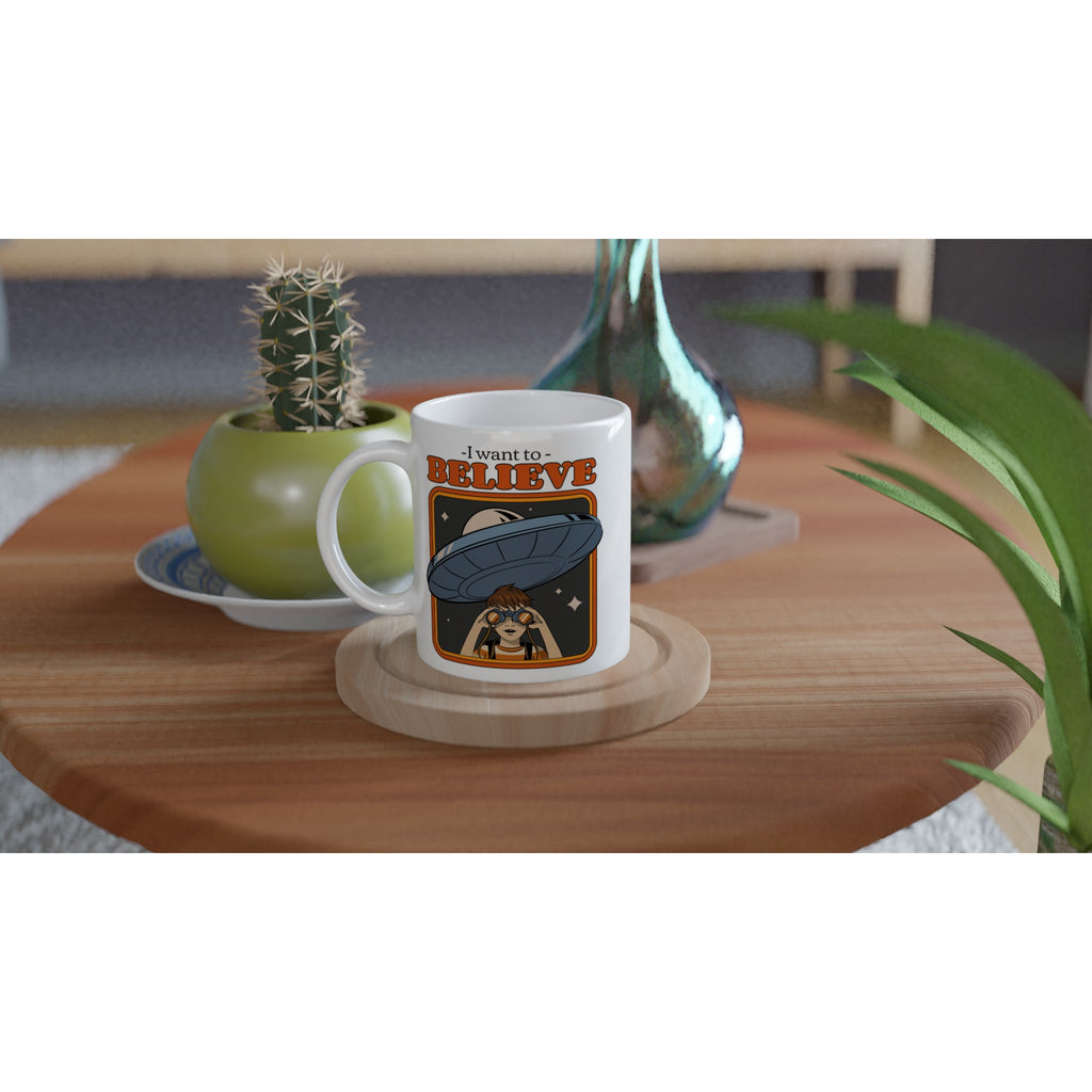 UFO, I Want To Believe - White 11oz Ceramic Mug White 11oz Mug Globally Fulfilled Retro Sci Fi