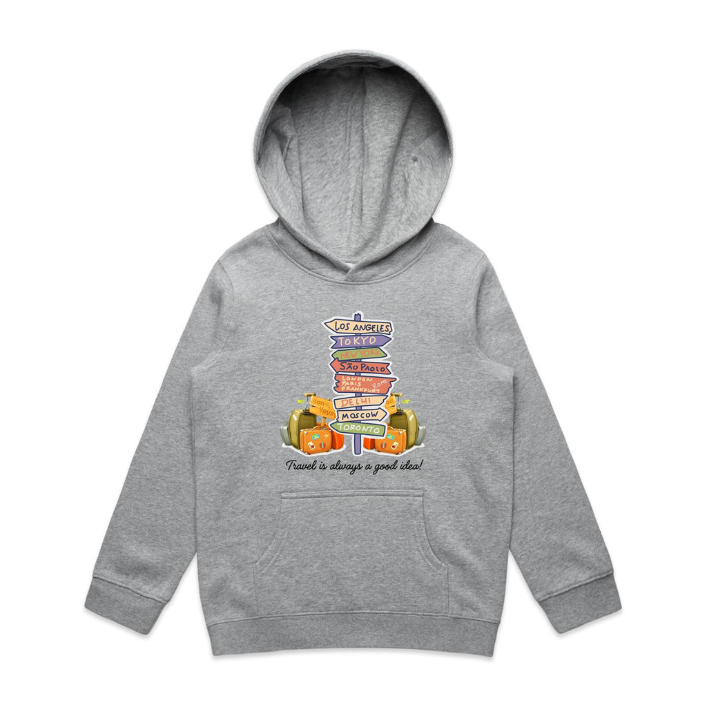 Travel Is Always A Good Idea - Kids Hoodie Grey Marle Kids Hoodie Printed In Australia