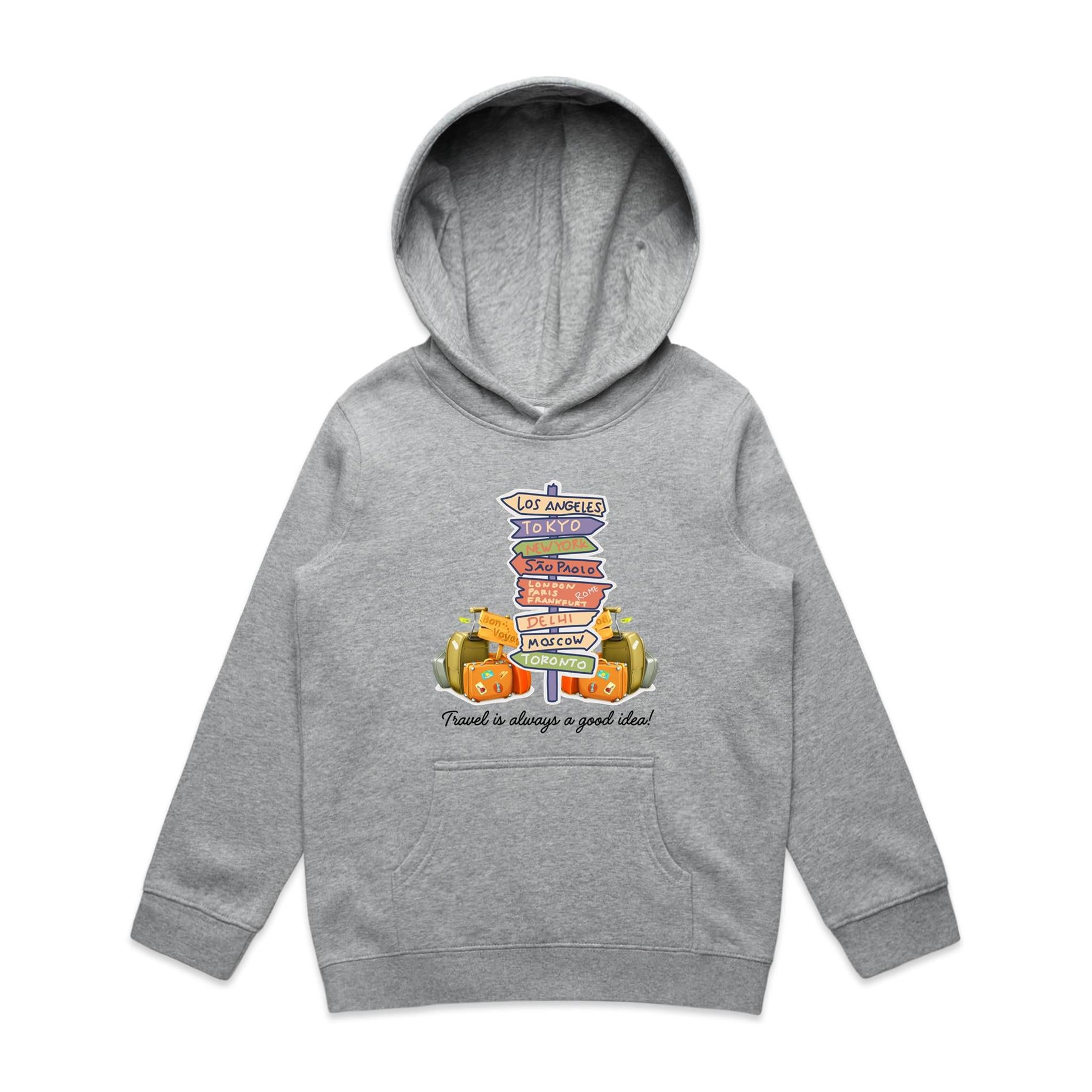 Travel Is Always A Good Idea - Kids Hoodie Grey Marle Kids Hoodie Printed In Australia