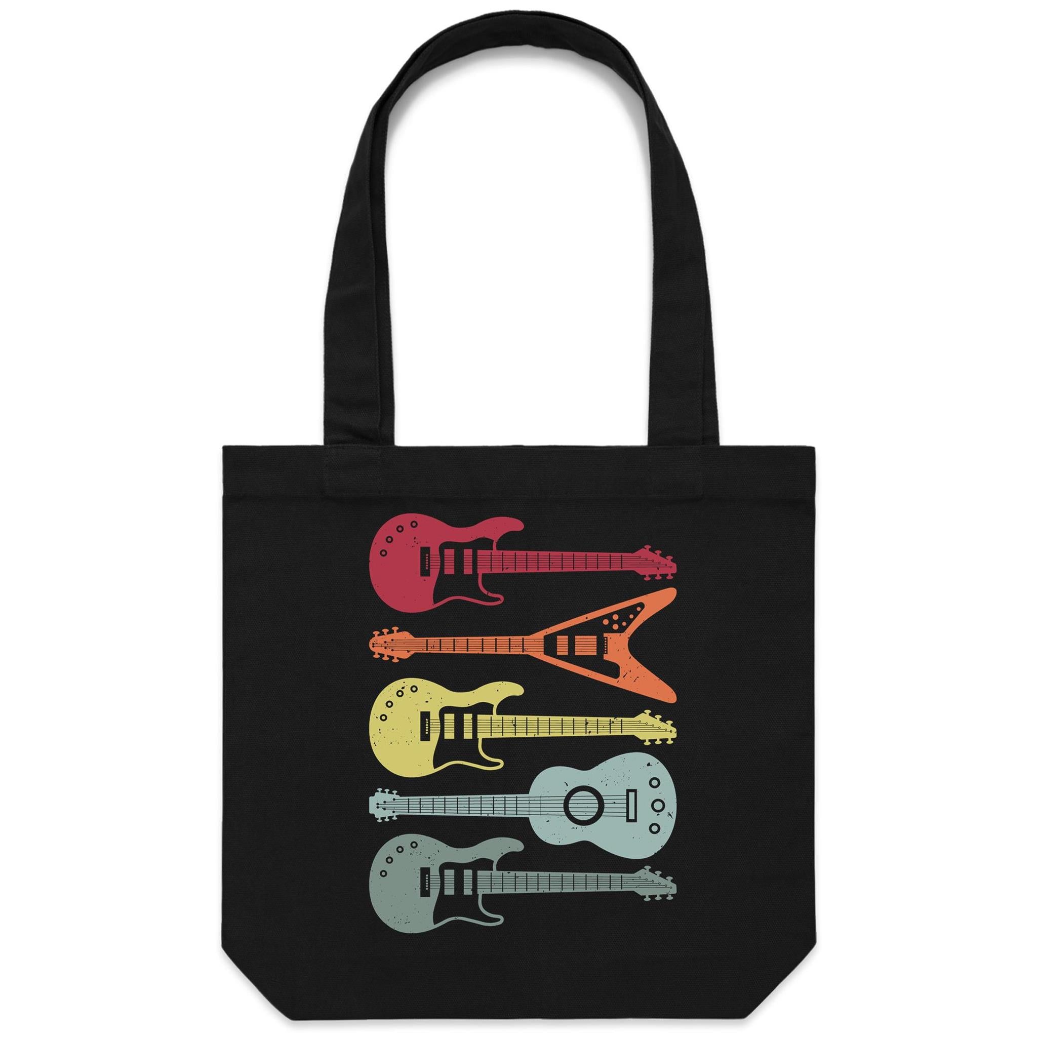 Retro Guitars - Canvas Tote Bag Black One Size Tote Bag Music Printed In Australia