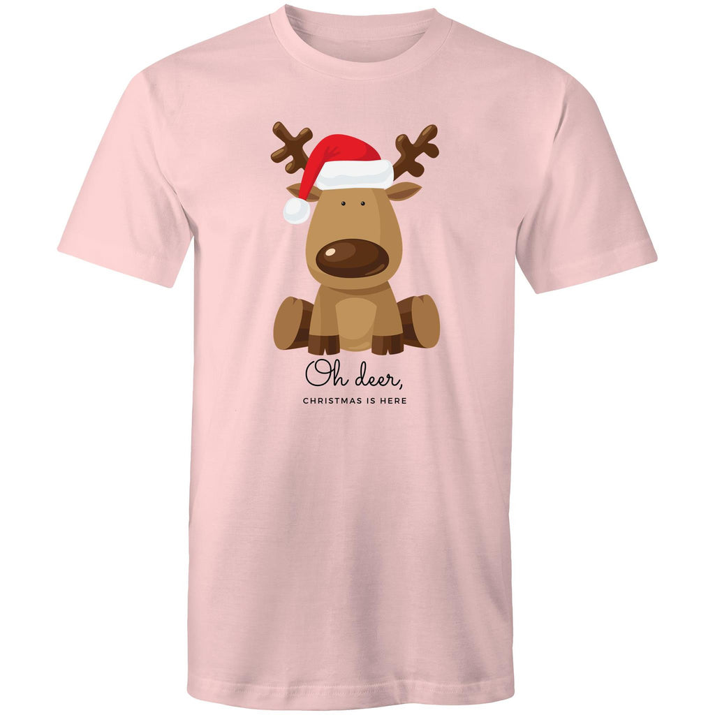 Oh Deer, Christmas Is Here, Reindeer - Mens T-Shirt Pink Mens Christmas T-shirt Christmas Printed In Australia