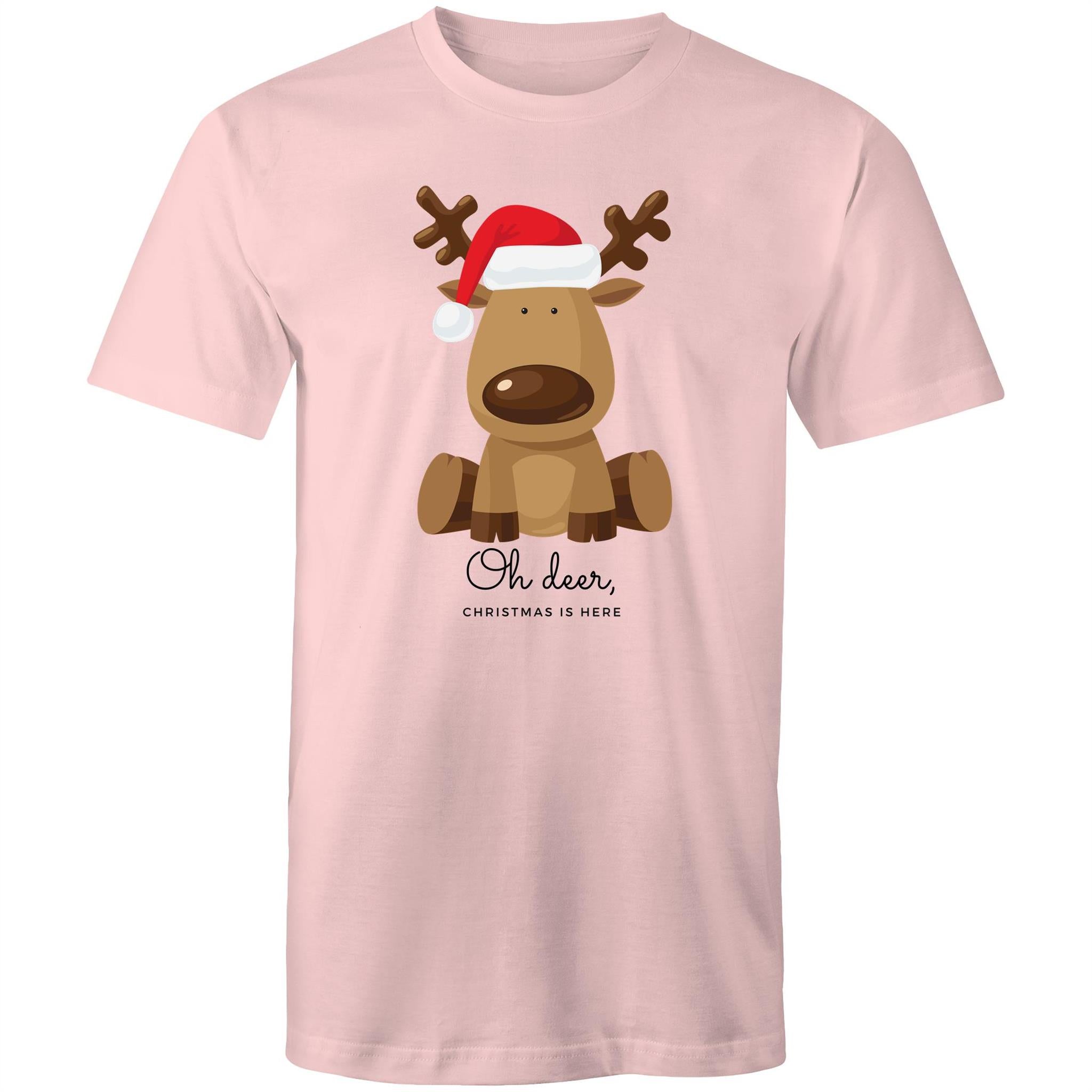 Oh Deer, Christmas Is Here, Reindeer - Mens T-Shirt Pink Mens Christmas T-shirt Christmas Printed In Australia