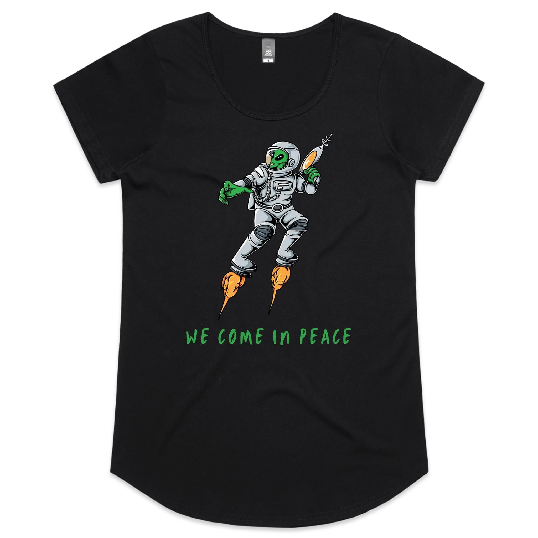 Alien, We Come In Peace - Womens Scoop Neck T-Shirt Black Womens Scoop Neck T-shirt Printed In Australia Sci Fi