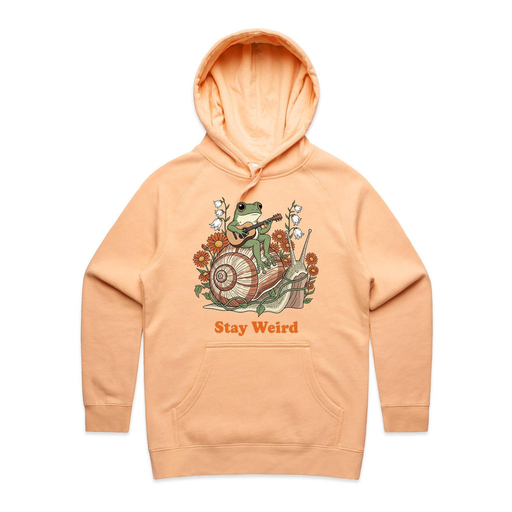 Stay Weird, Guitar Playing Frog On A Snail Women's AS Colour Hoodie Peach Womens Hoodie animal Music Printed In Australia