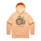 Stay Weird, Guitar Playing Frog On A Snail Women's AS Colour Hoodie Peach Womens Hoodie animal Music Printed In Australia