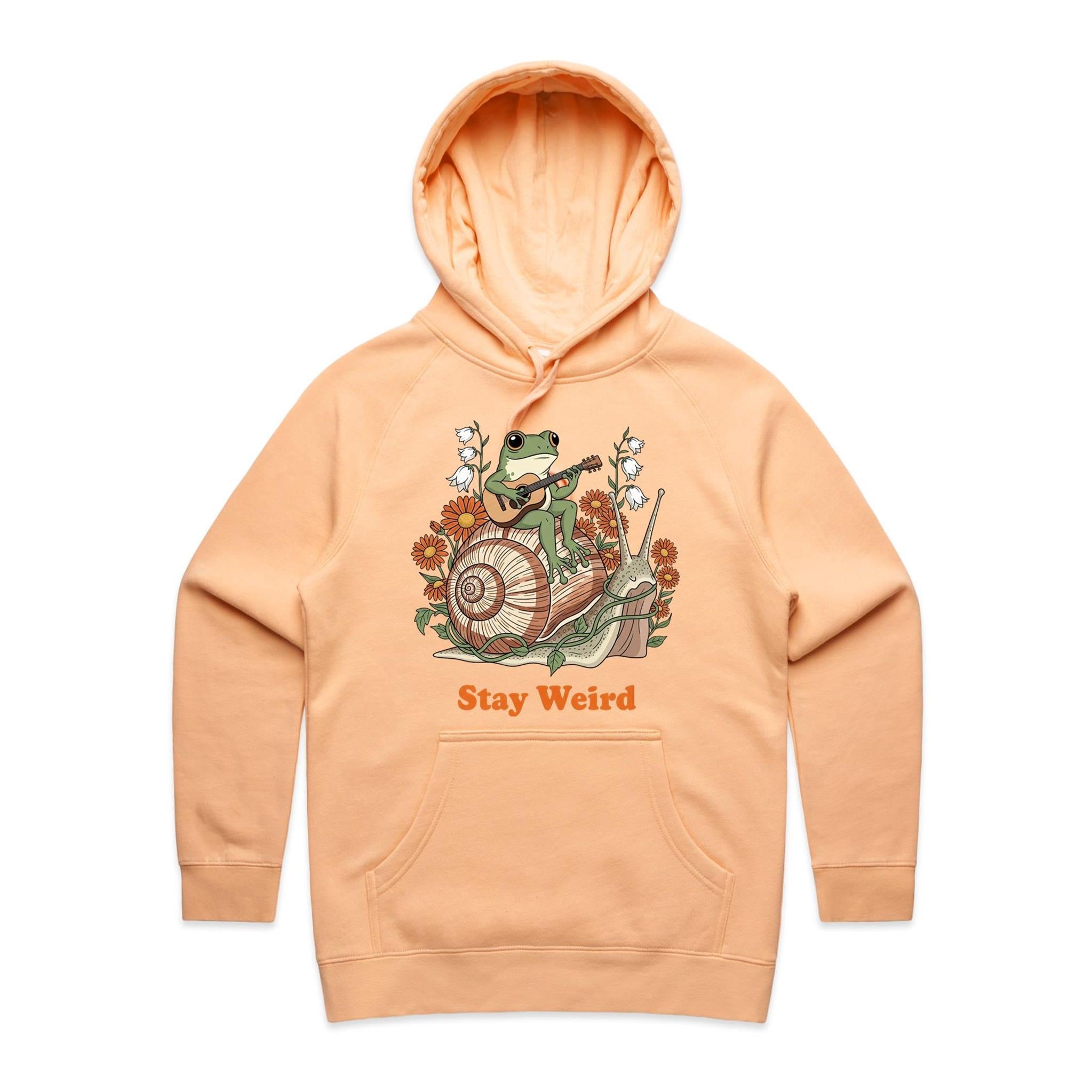 Stay Weird, Guitar Playing Frog On A Snail Women's AS Colour Hoodie Peach Womens Hoodie animal Music Printed In Australia