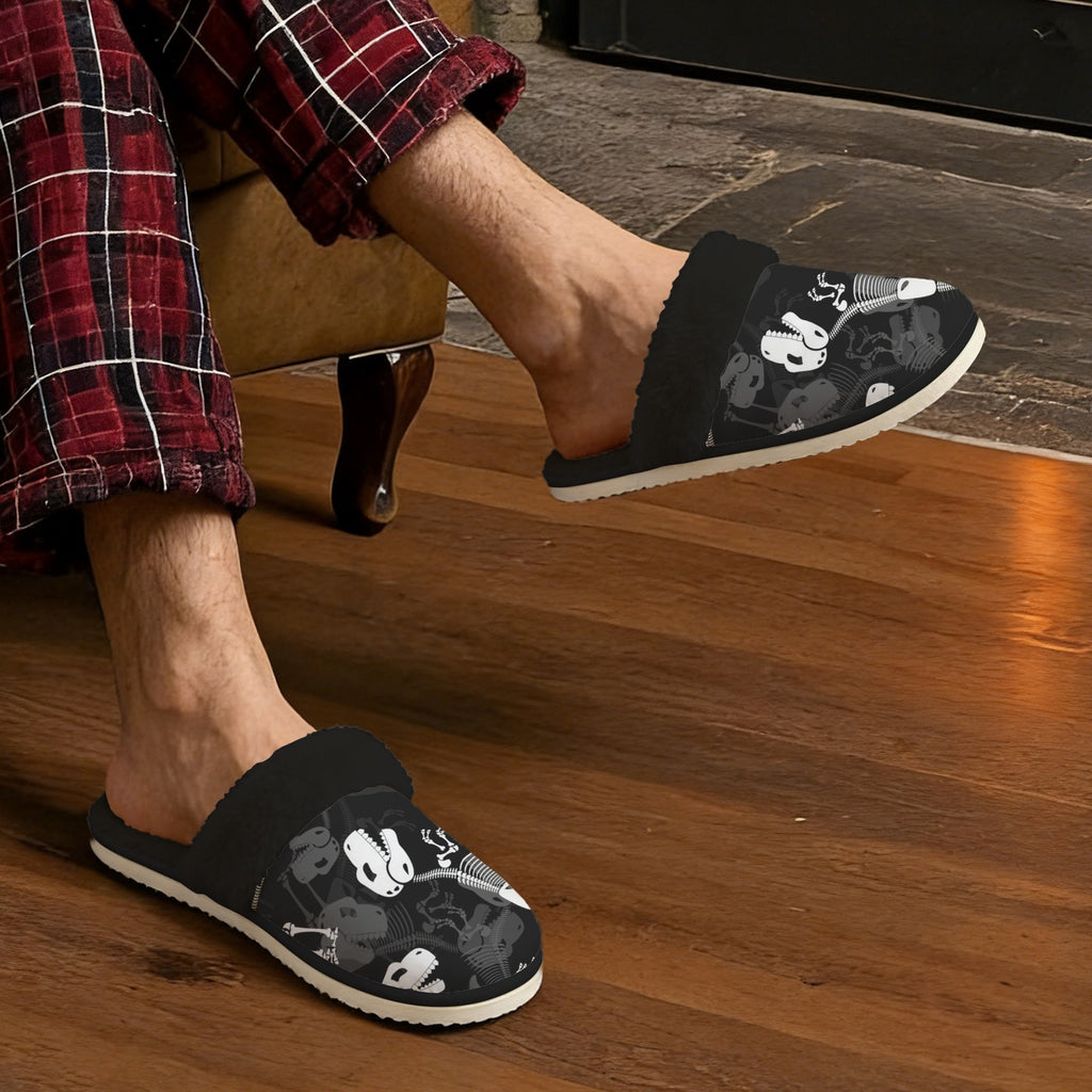 Dinosaur Skeleton Men's Fur Trim Thick-Sole Indoor Slippers Men's Fur Trimmed Slippers animal Printed Offshore
