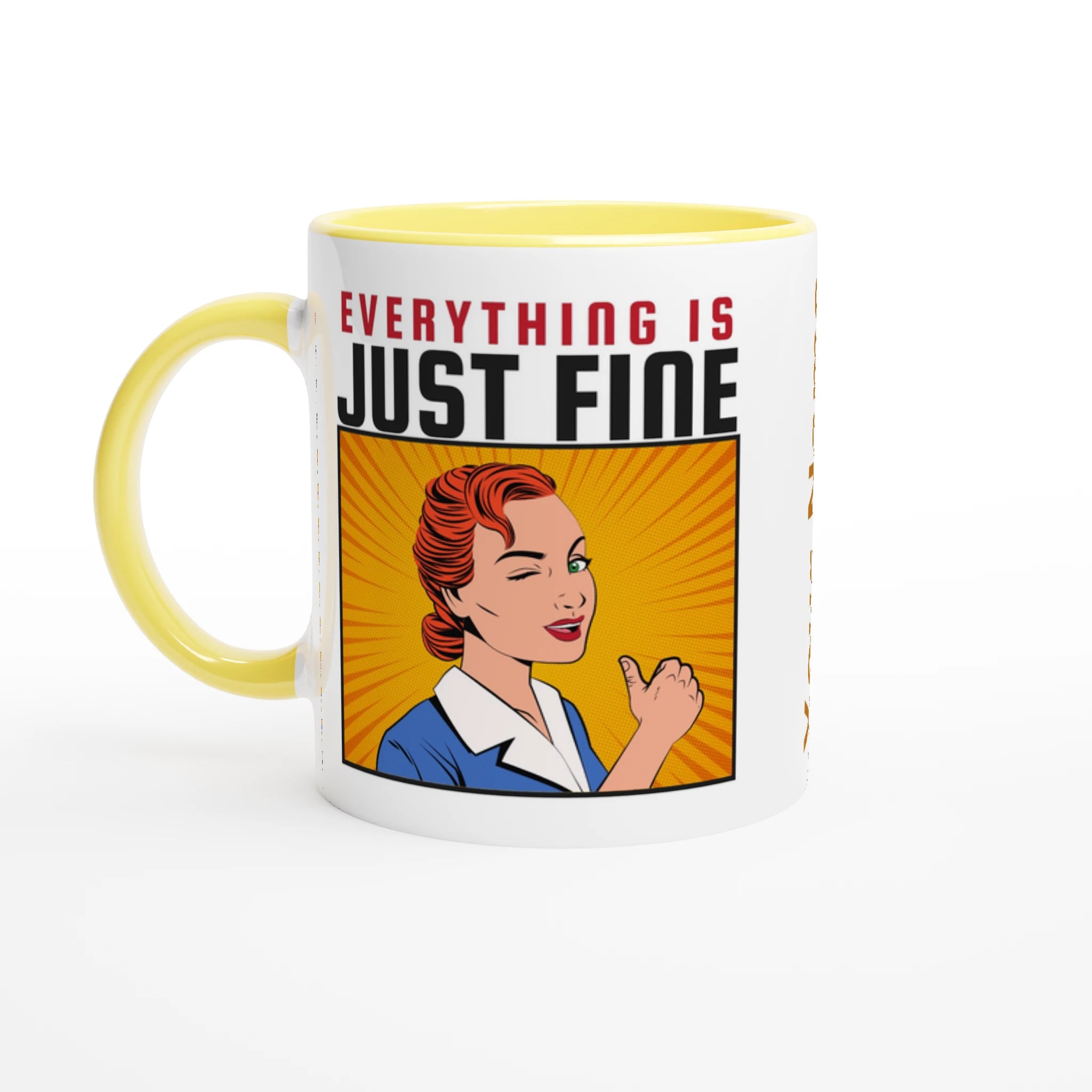 Personalised - Everything Is Just Fine - White 11oz Ceramic Mug with Colour Inside Ceramic Yellow Personalised 11oz Mug comic customise Globally Fulfilled personalise Retro