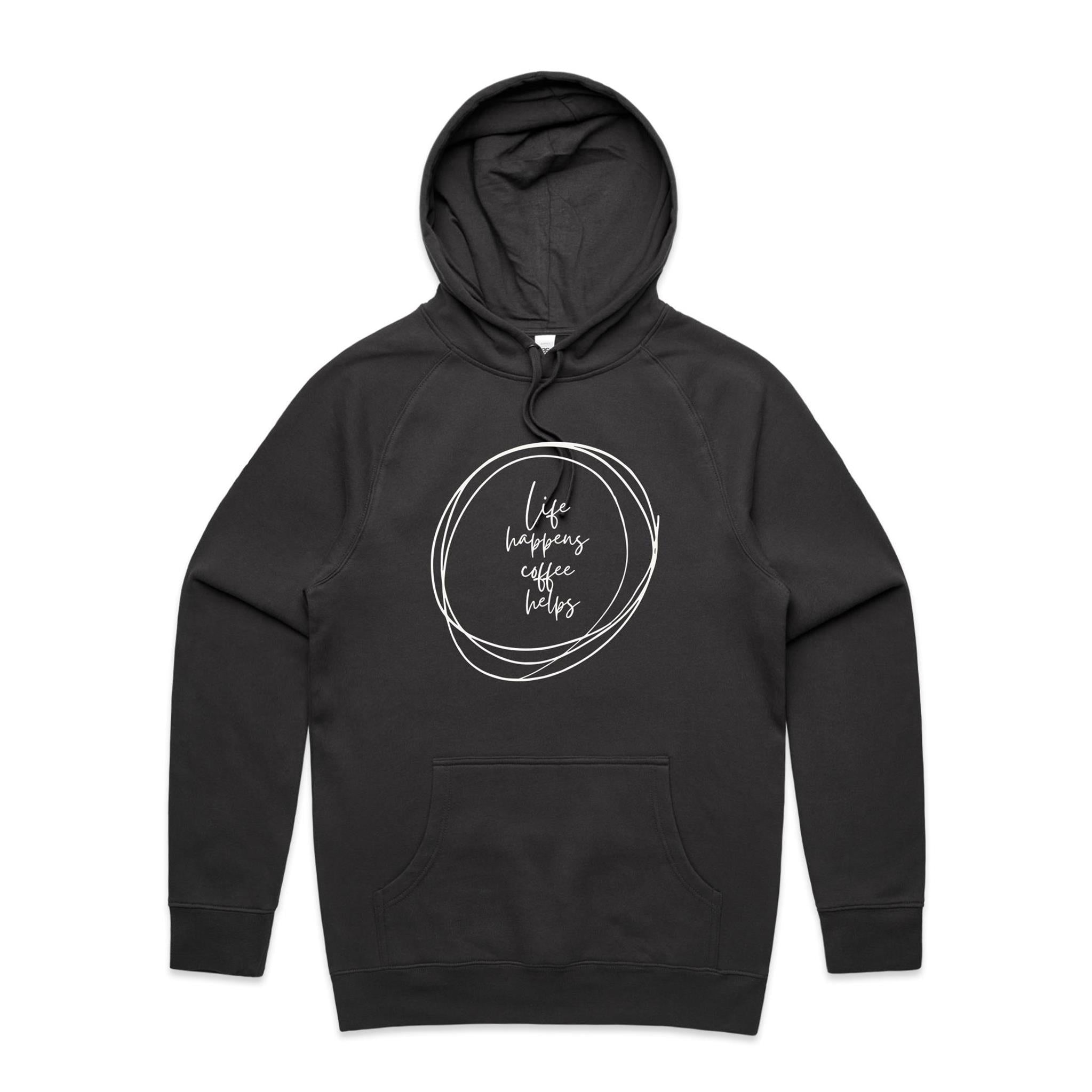 Life Happens, Coffee Helps - Mens Hoodie Coal Mens Hoodie Coffee Printed In Australia