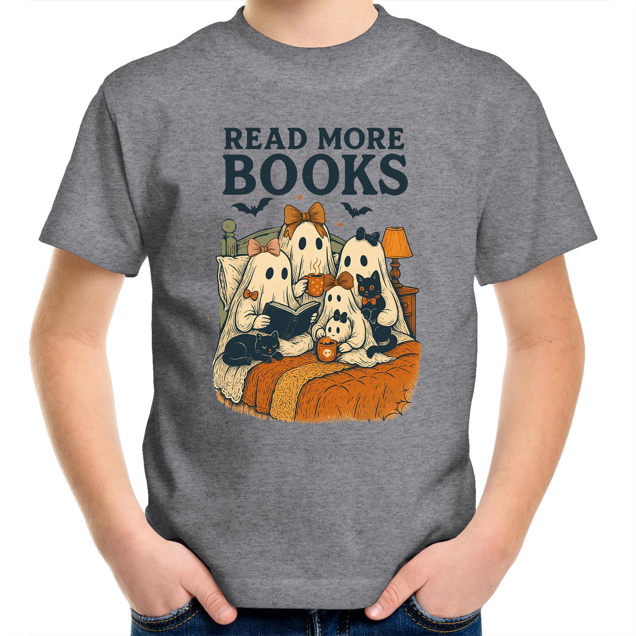Read More Books, Halloween Ghosts - Kids Youth T-Shirt Grey Marle Kids Youth T-shirt Halloween Printed In Australia Reading