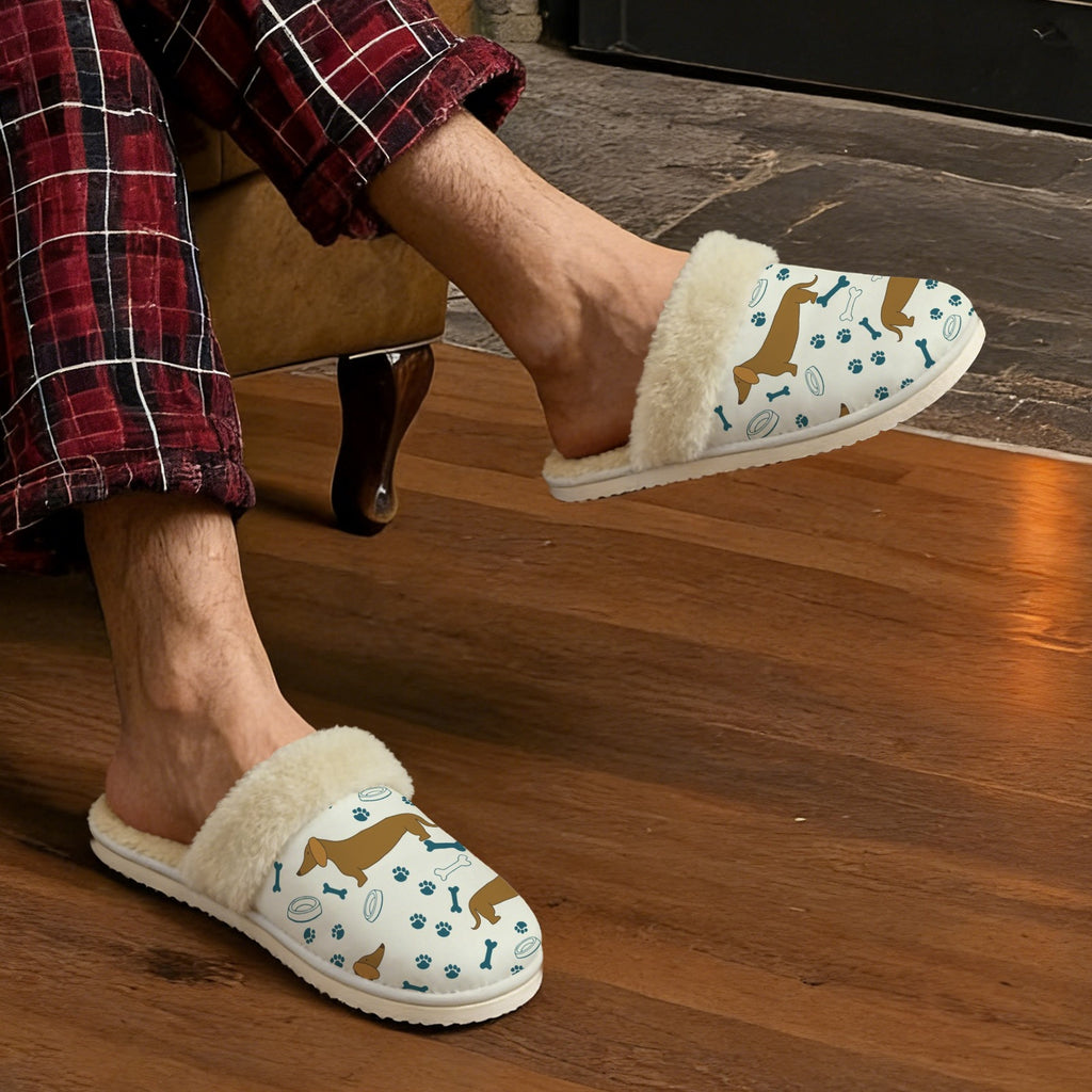 Sausage Dog Men's Fur Trim Thick-Sole Indoor Slippers Men's Fur Trimmed Slippers animal Printed Offshore