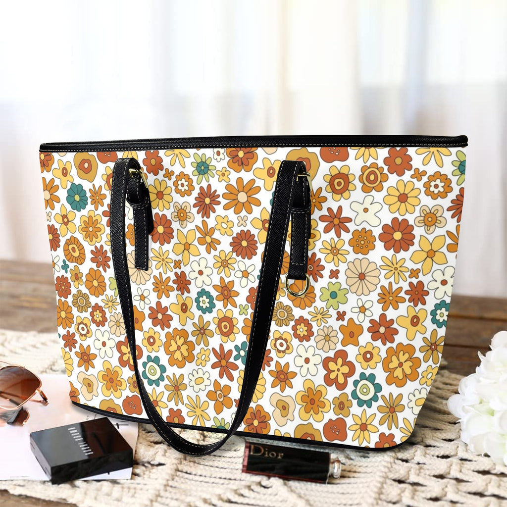 70's Style Floral PU Leather Tote Bag Large