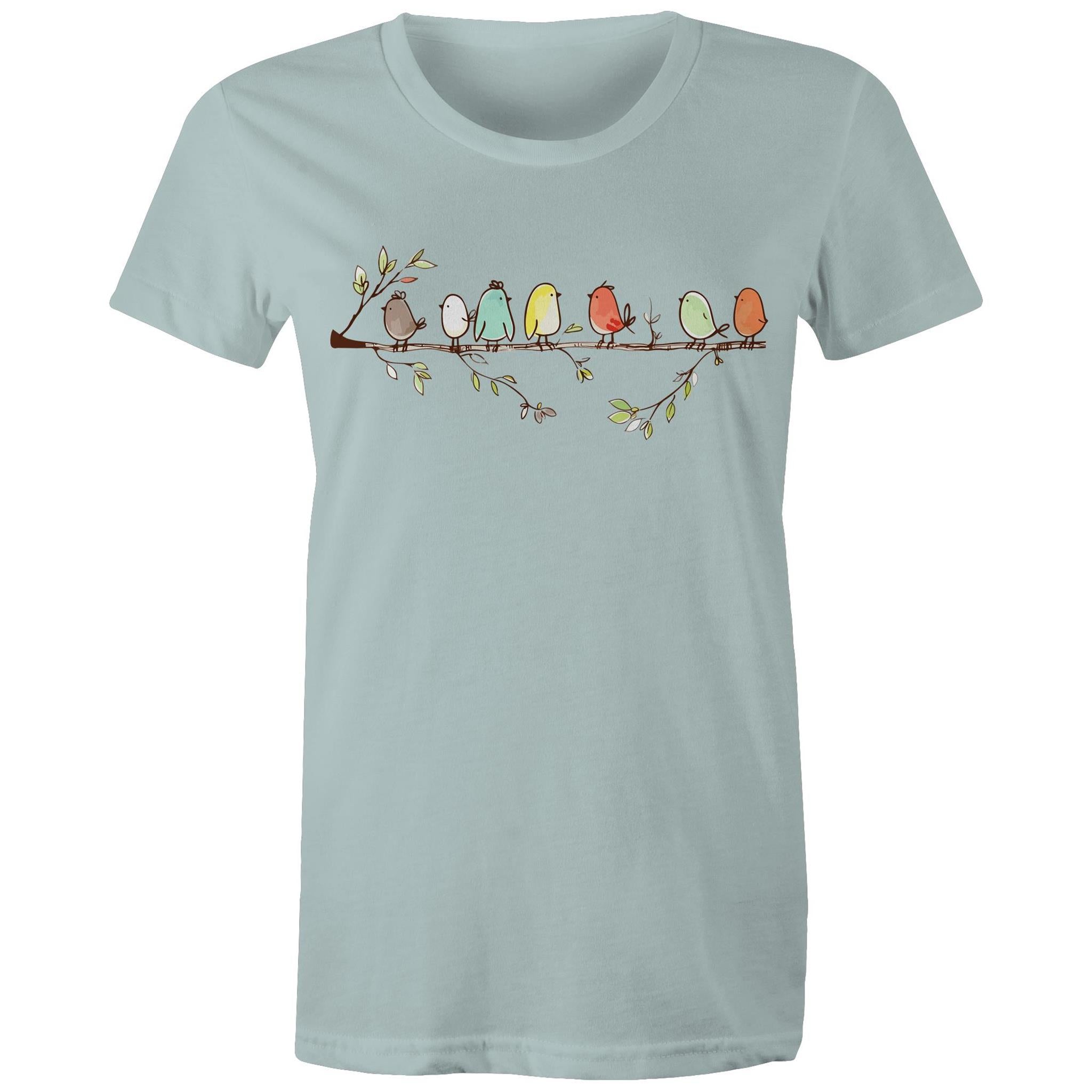 Birds On A Branch - Womens T-shirt Pale Blue Womens T-shirt animal Printed In Australia