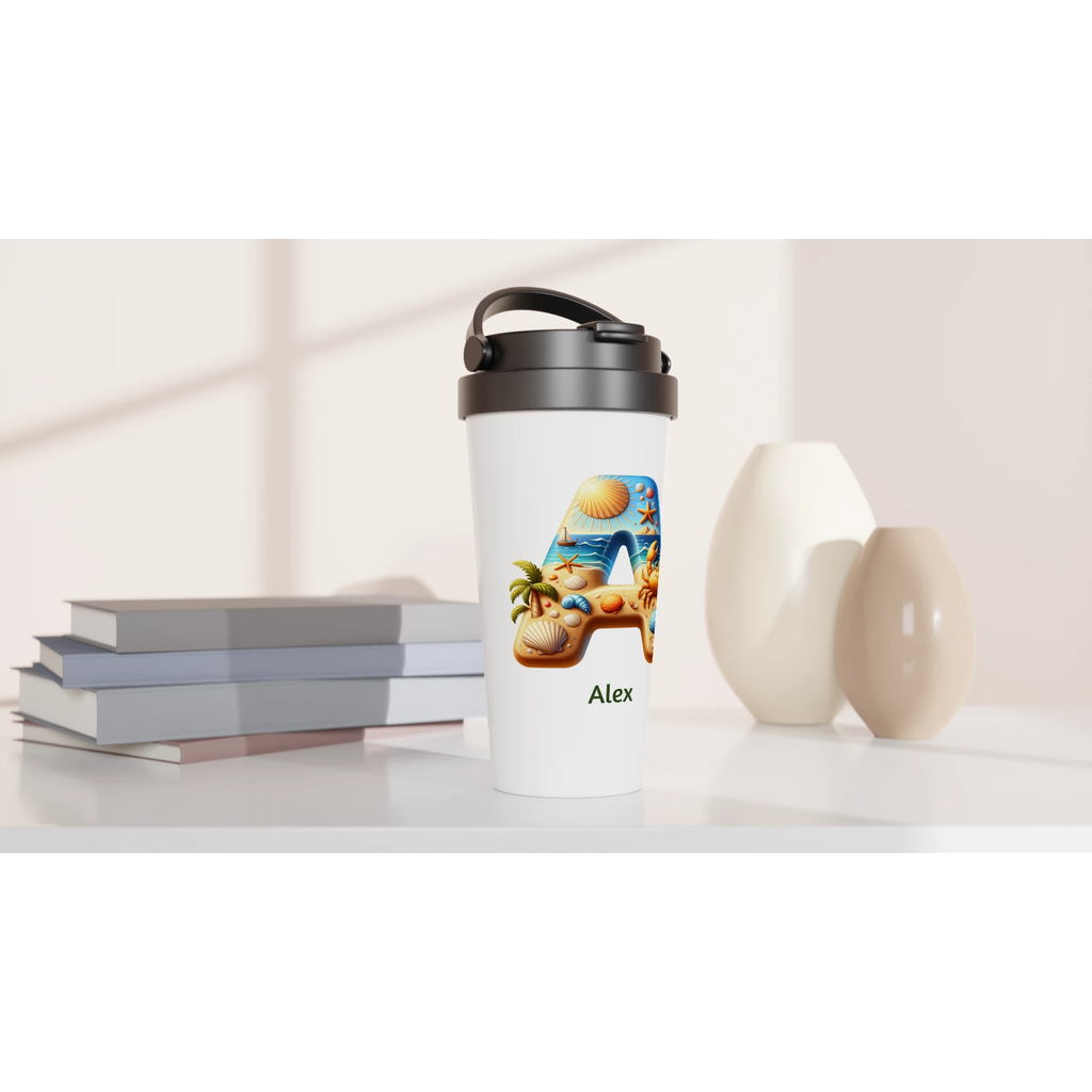 Summer Beach Initials - White 15oz Stainless Steel Travel Mug Personalised Travel Mug Customise Personalise