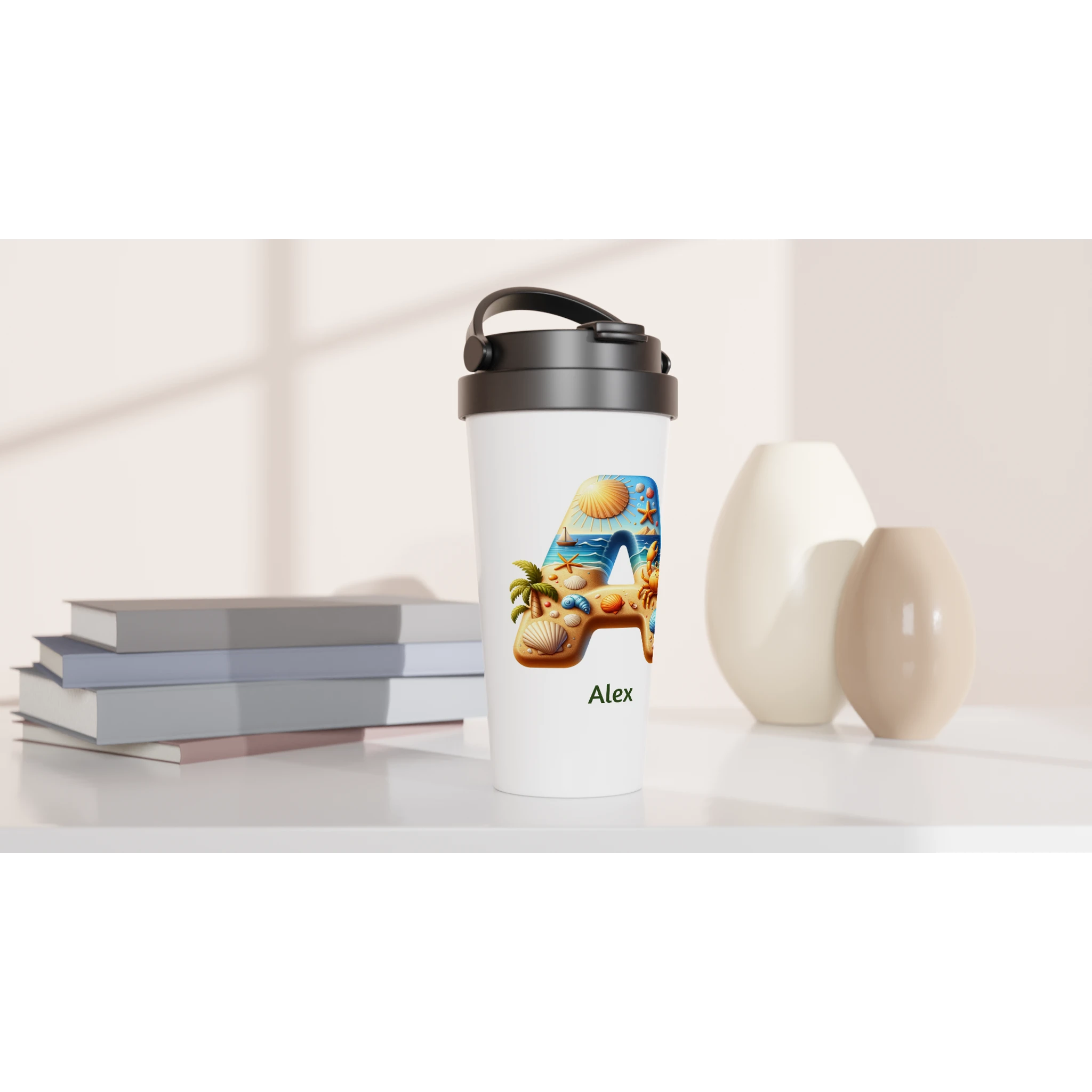 Summer Beach Initials - White 15oz Stainless Steel Travel Mug Personalised Travel Mug Customise Personalise
