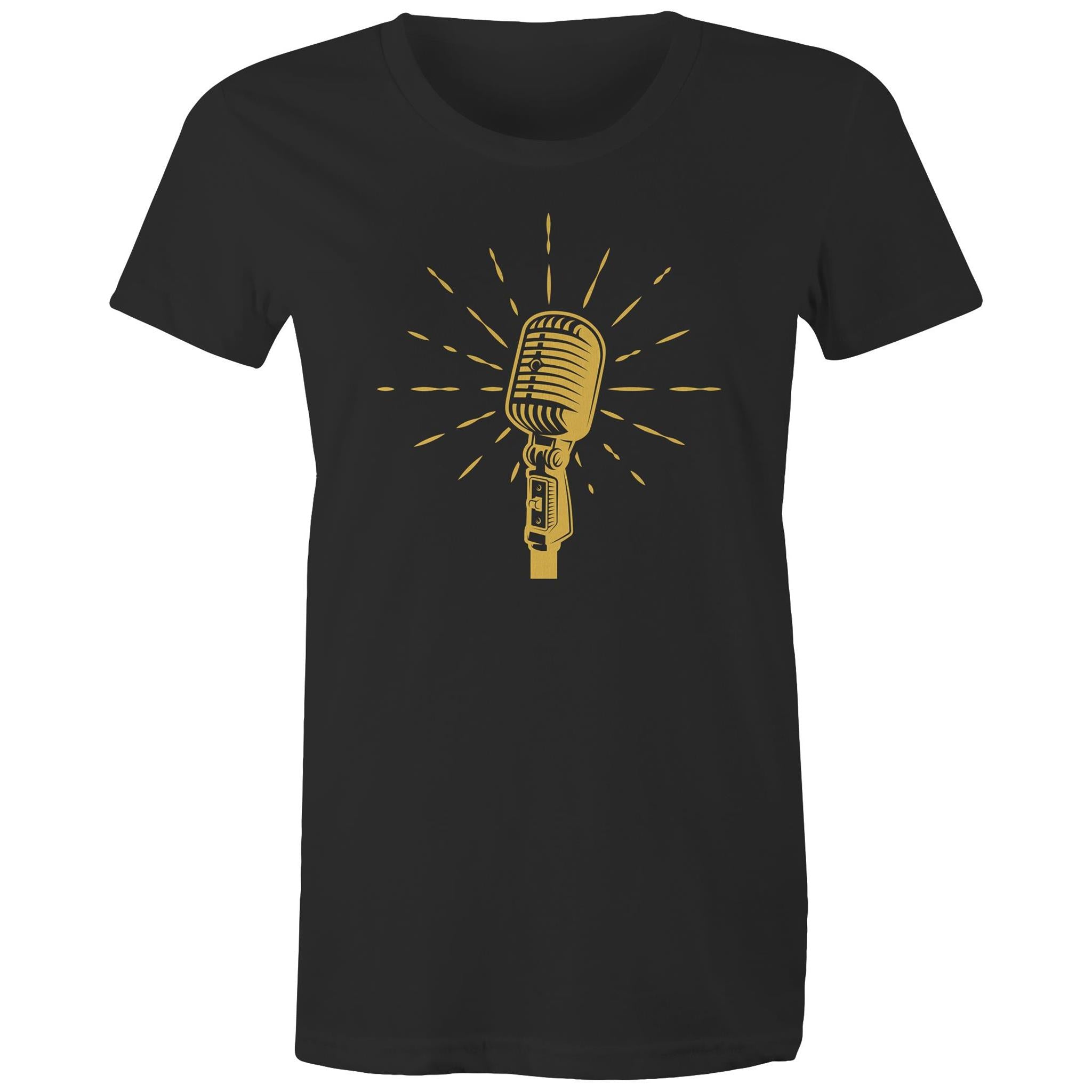 Retro Microphone - Womens T-shirt Black Womens T-shirt Music Printed In Australia Retro