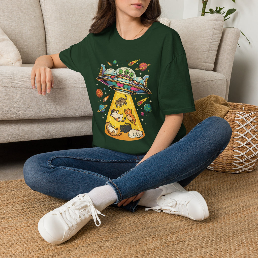 UFO Cat Abduction Unisex T-Shirt Forest Green Unisex Adult T-shirt animal Globally Fulfilled Sci Fi