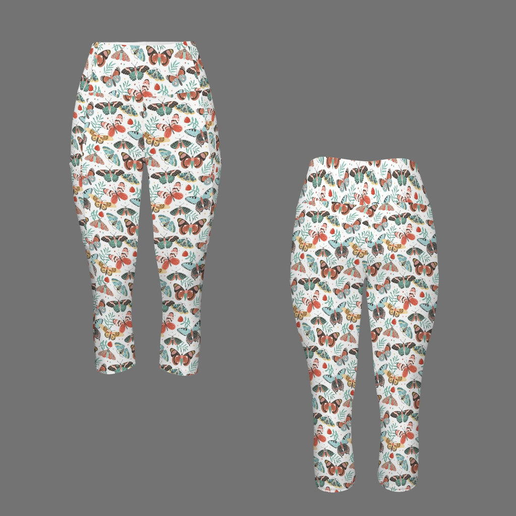 Pretty Moths And Butterflies - Women's High Waist Pocket Capri Yoga Leggings