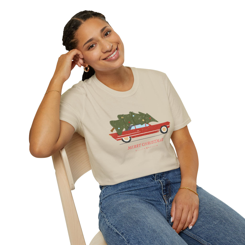 Retro Christmas Tree On Car - Unisex Softstyle T-Shirt