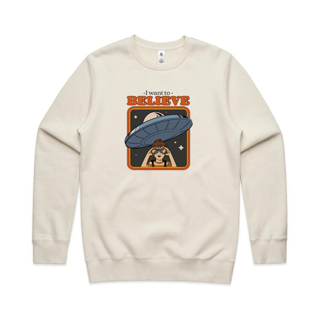 I Want To Believe, UFO - AS Colour Stencil Crew Ecru Sweatshirt Printed In Australia Sci Fi