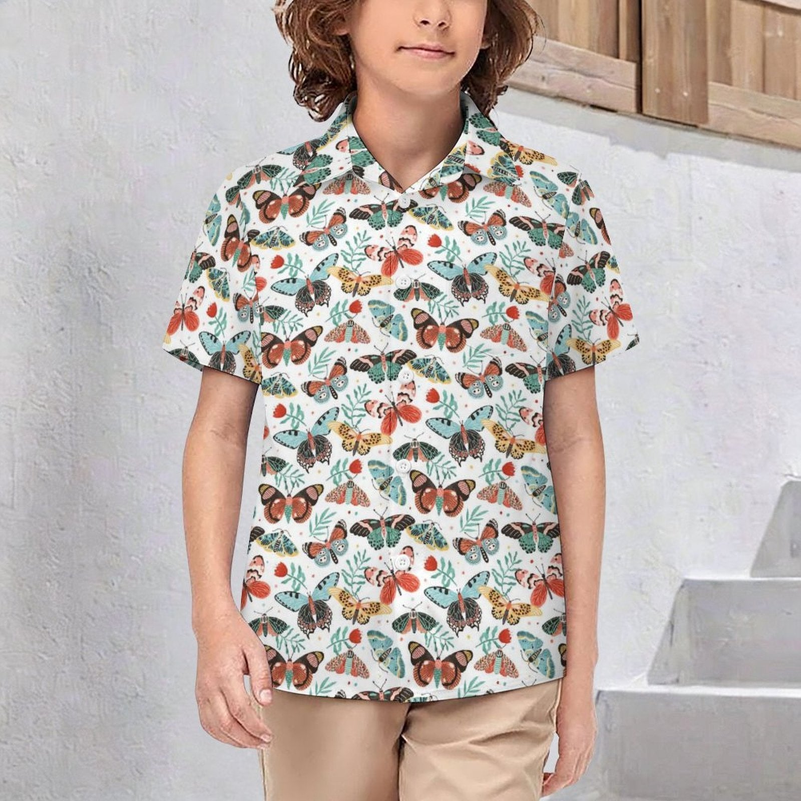 Pretty Moths And Butterflies Kids Youth Short Sleeve Button Up Shirt