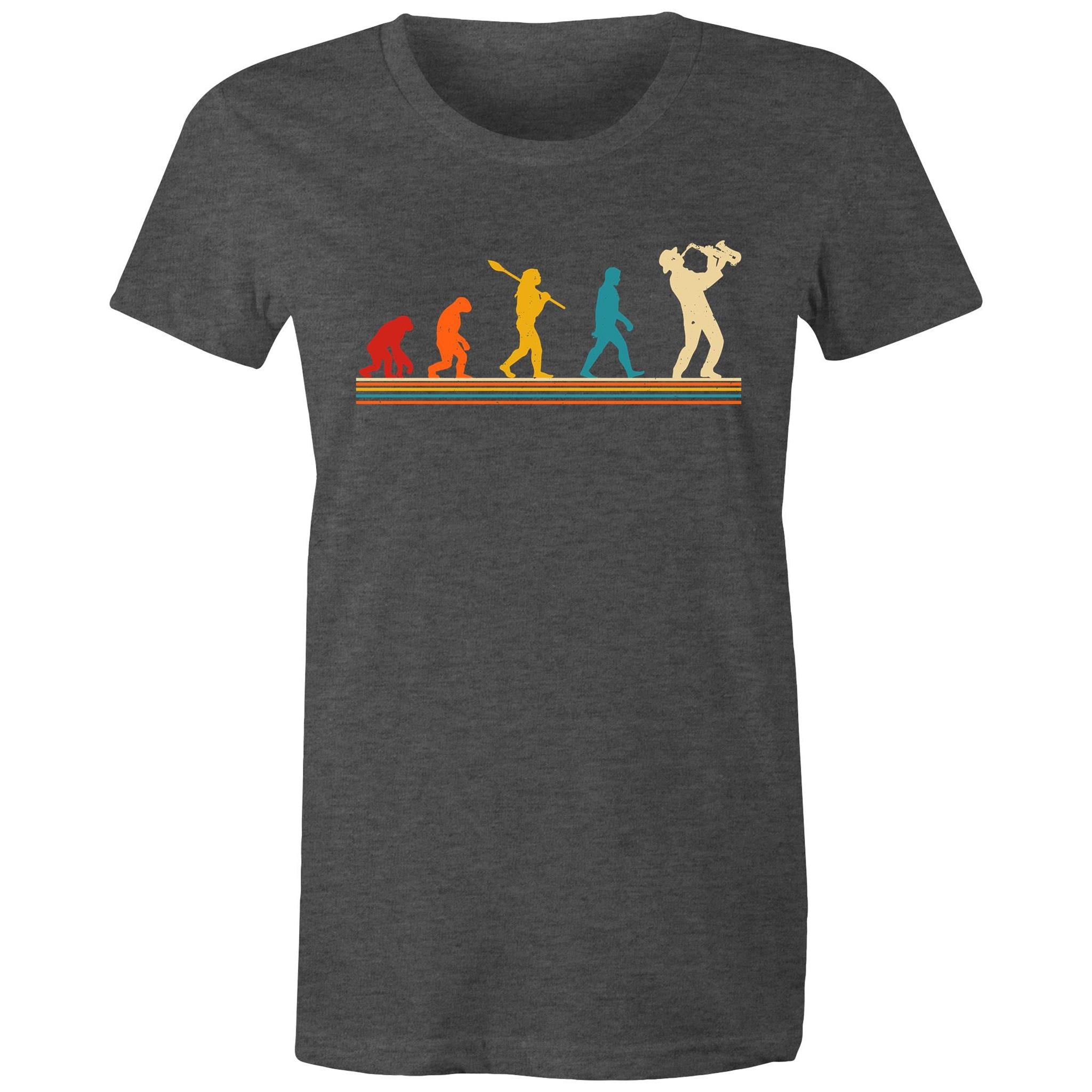Saxophone Player Evolution - Womens T-shirt Asphalt Marle Womens T-shirt Music Printed In Australia