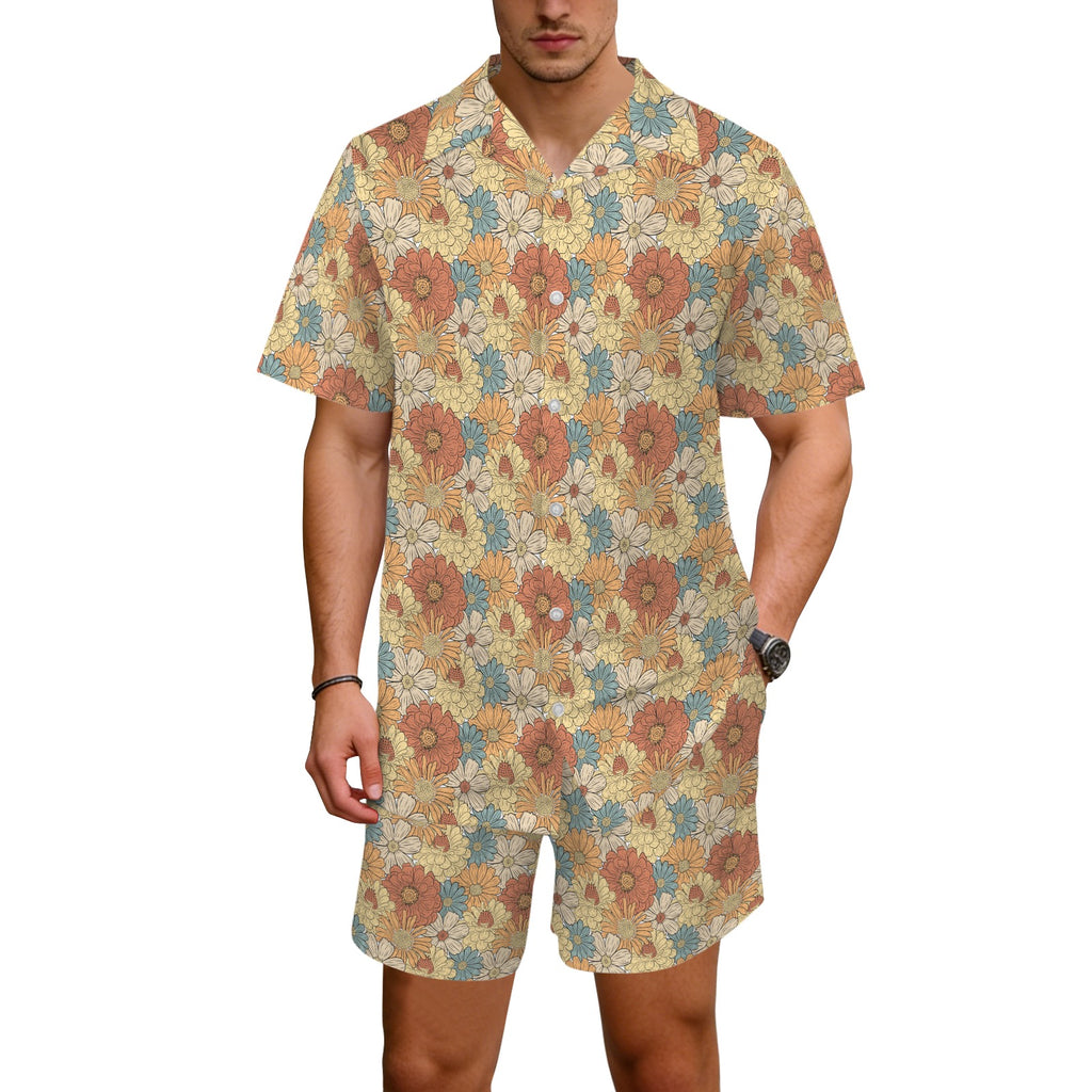 Vintage Retro Floral Men's Hawaiian Shirt & Shorts Set Men's Hawaiian Shirt & Shorts Set Printed Offshore Retro