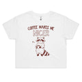 Coffee Makes Me Nicer Raccoon Women's AS Colour Crop Tee White Coffee Printed In Australia