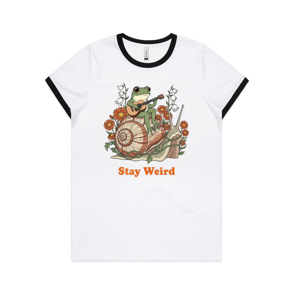 Stay Weird, Guitar Playing Frog On A Snail AS Colour Women's AS Colour Ringer Tee White Black Womens Ringer T-shirt animal Music Printed In Australia
