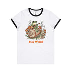 Stay Weird, Guitar Playing Frog On A Snail AS Colour Women's AS Colour Ringer Tee White Black Womens Ringer T-shirt animal Music Printed In Australia