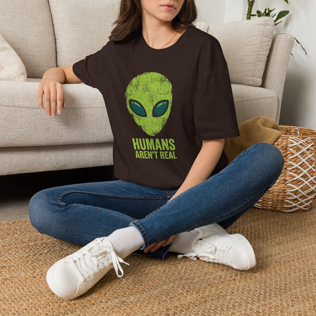 Green Alien Head Humans Aren't Real Unisex T-Shirt Unisex Adult T-shirt Globally Fulfilled Sci Fi