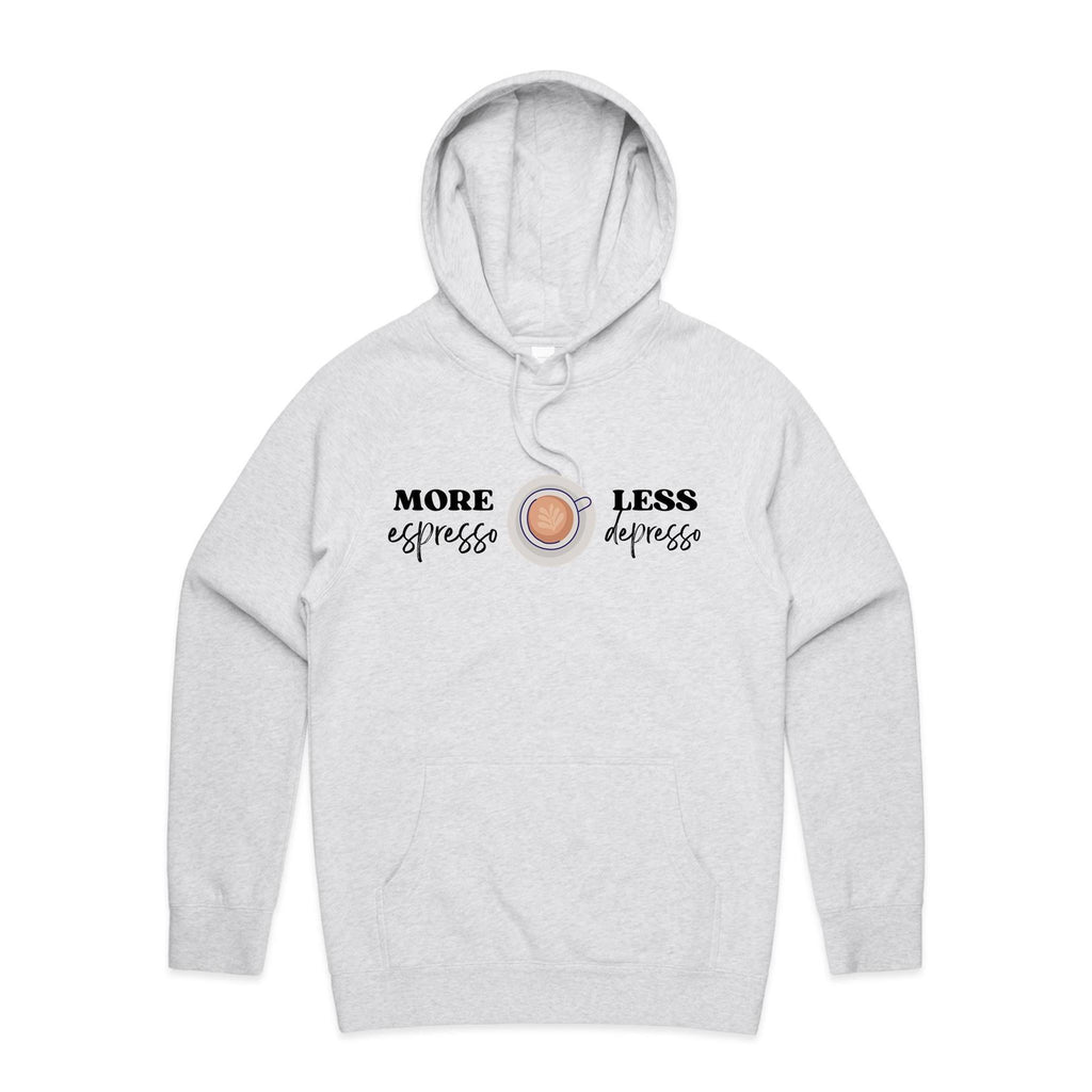 More Espresso, Less Depresso Men's AS Colour Hoodie White Marle Mens Hoodie Coffee Printed In Australia