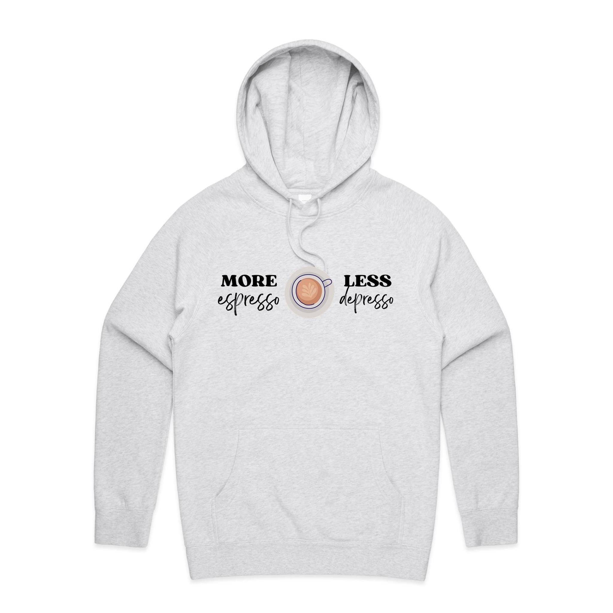 More Espresso, Less Depresso - Mens Hoodie White Marle Mens Hoodie Coffee Printed In Australia