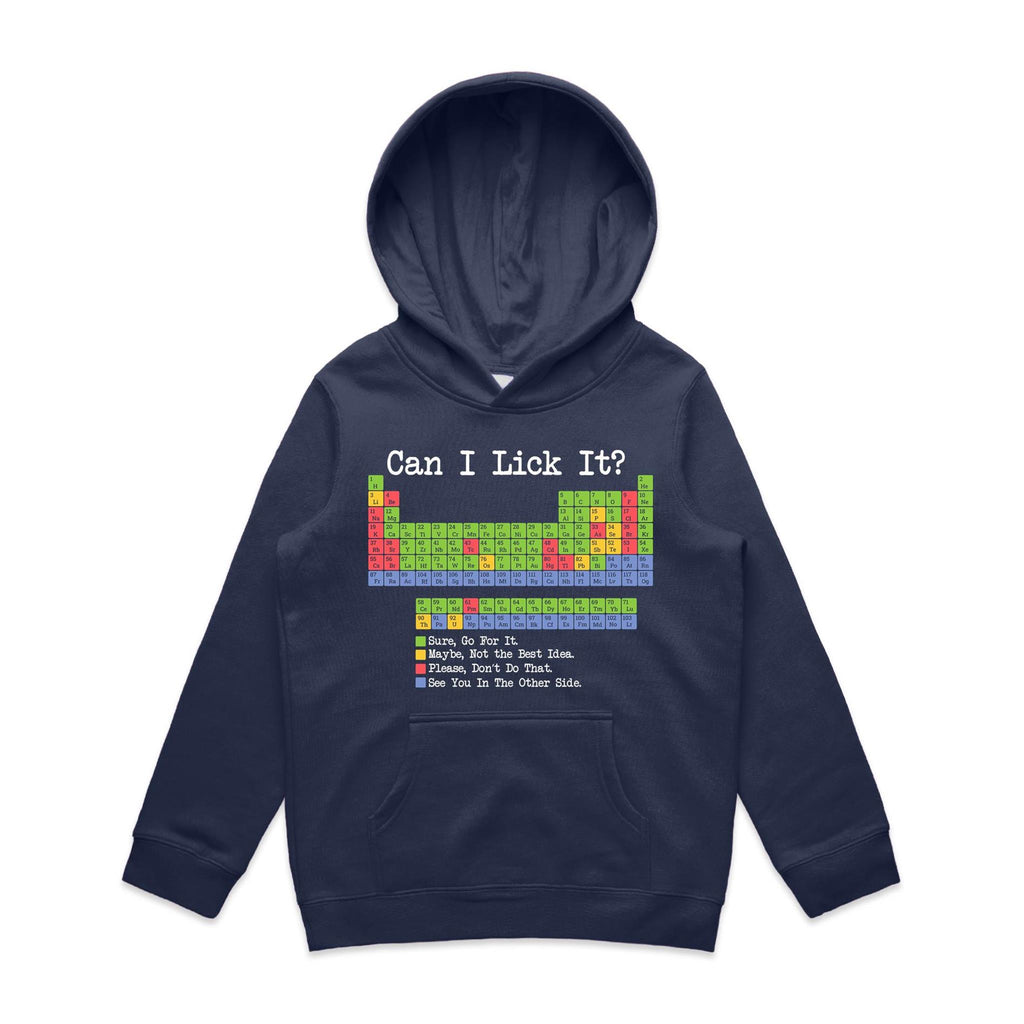 Periodic Table, Can I Lick It Kid's AS Colour Hoodie Midnight Blue Kids Hoodie Printed In Australia Science