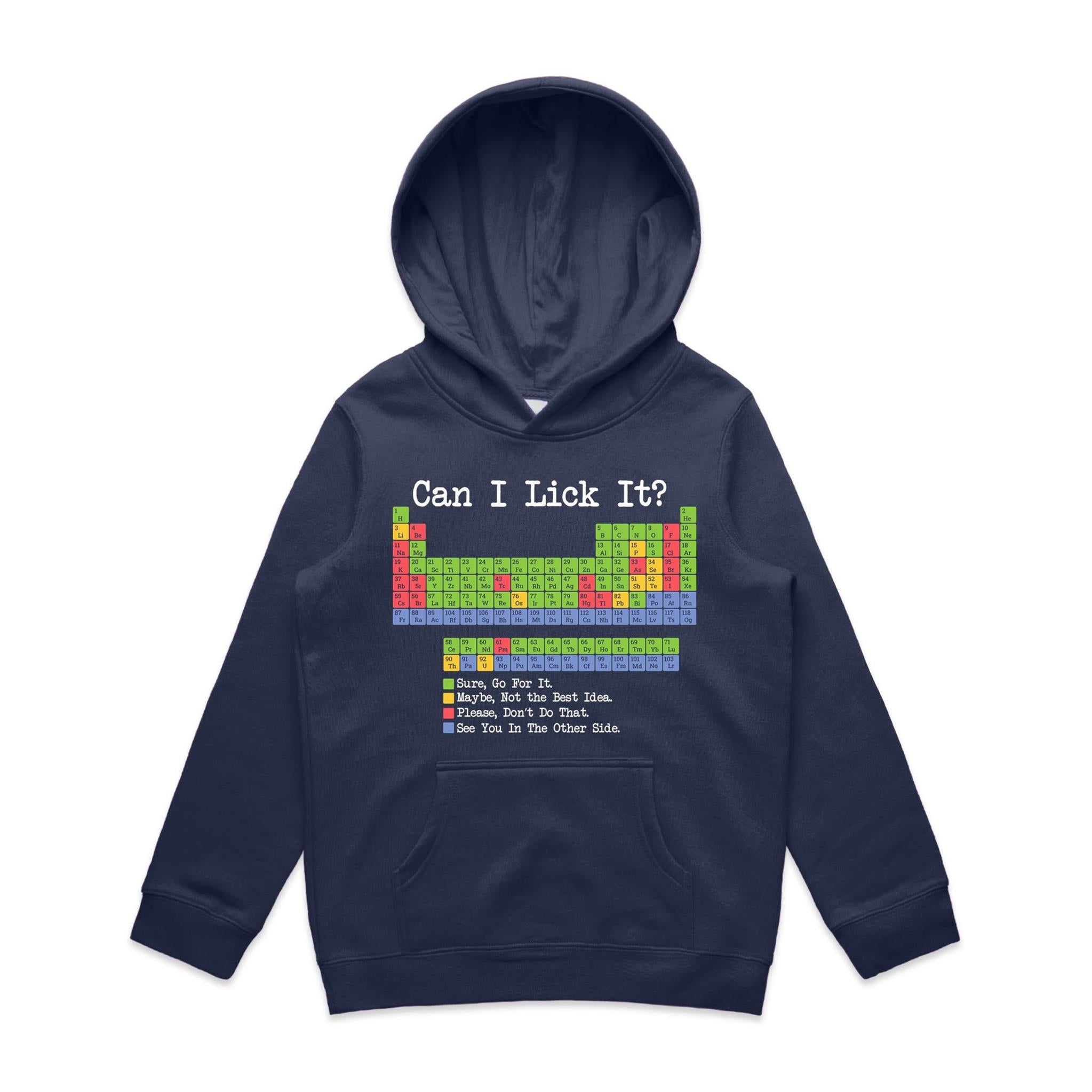 Periodic Table, Can I Lick It Kid's AS Colour Hoodie Midnight Blue Kids Hoodie Printed In Australia Science