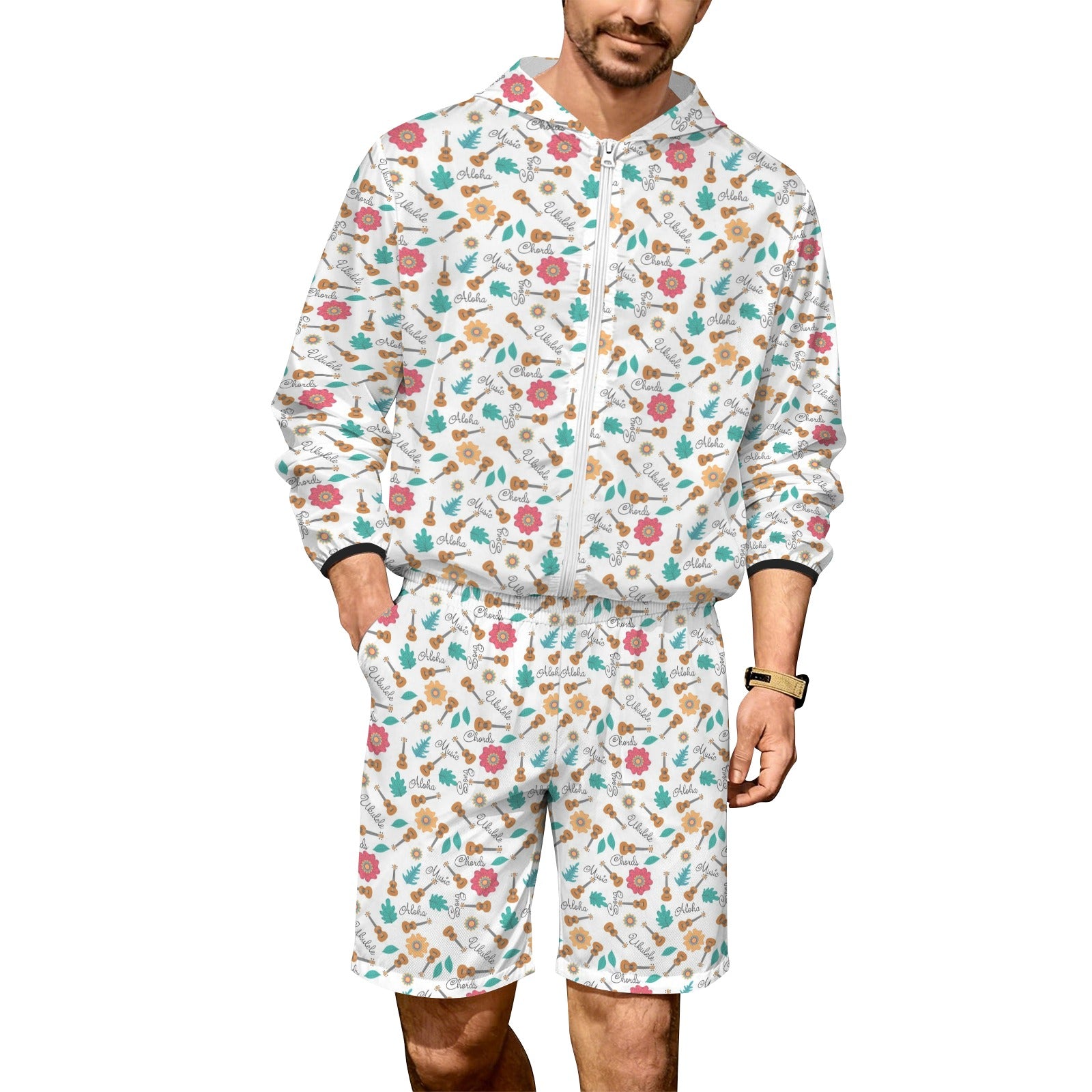 Ukulele Men's Lightweight Sun Hoodie & Shorts Set 4XL Men's Lightweight Sun Hoodie & Shorts Music Printed Offshore