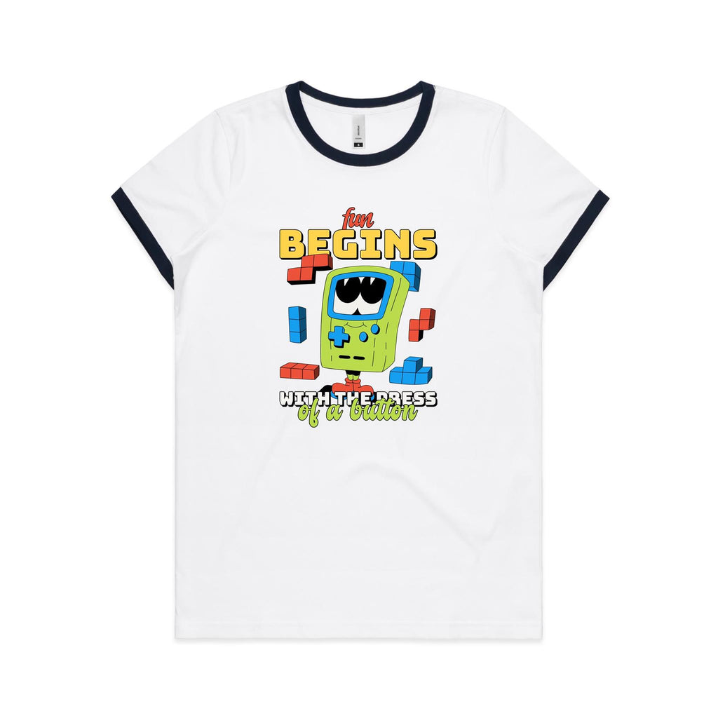 Fun Begins With The Press Of A Button, Game - Women's Ringer Tee White Navy Womens Ringer T-shirt Games Printed In Australia