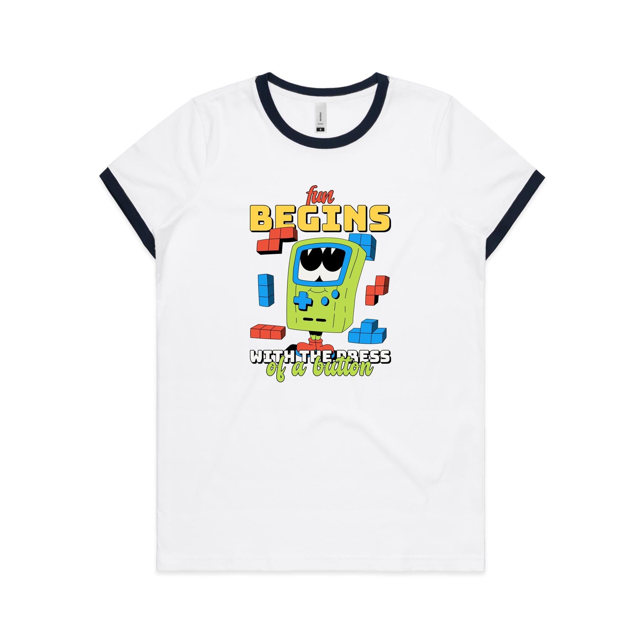 Fun Begins With The Press Of A Button, Game - Women's Ringer Tee White Navy Womens Ringer T-shirt Games Printed In Australia