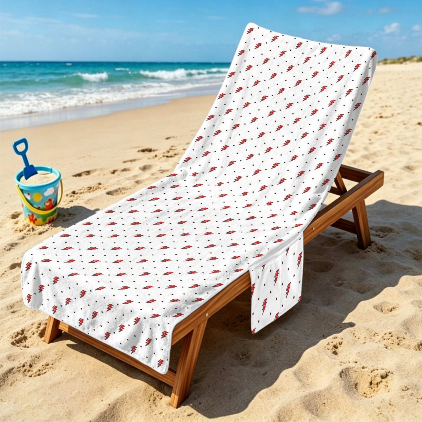 Red Lightning Beach Chair Towel Cover with Side Pockets