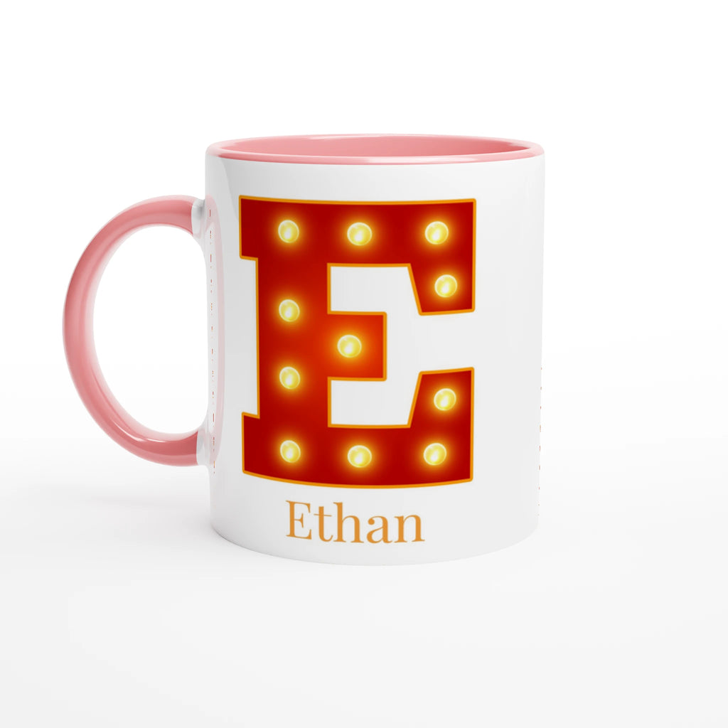 Personalised - Marquee Lights Initial - White 11oz Ceramic Mug with Color Inside Ceramic Pink Personalised 11oz Mug Customise Globally Fulfilled Personalise